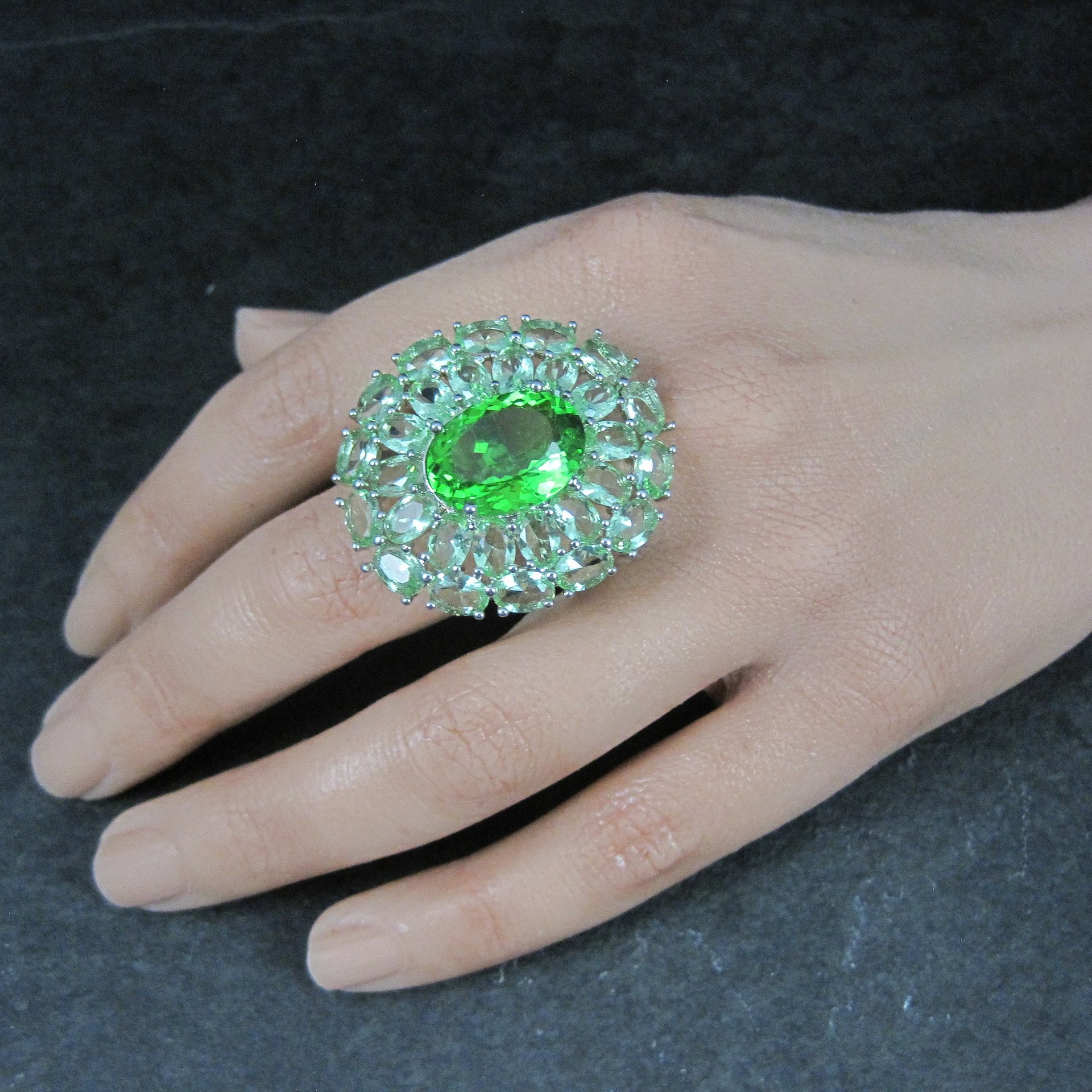 Large Estate Sterling Green Stone Cocktail Ring Size 8.5