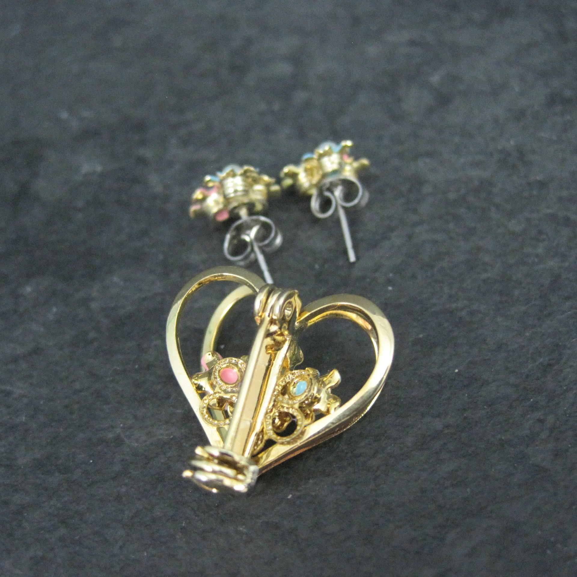Vintage Enamel Flower Heart Earrings & Brooch Jewelry Set