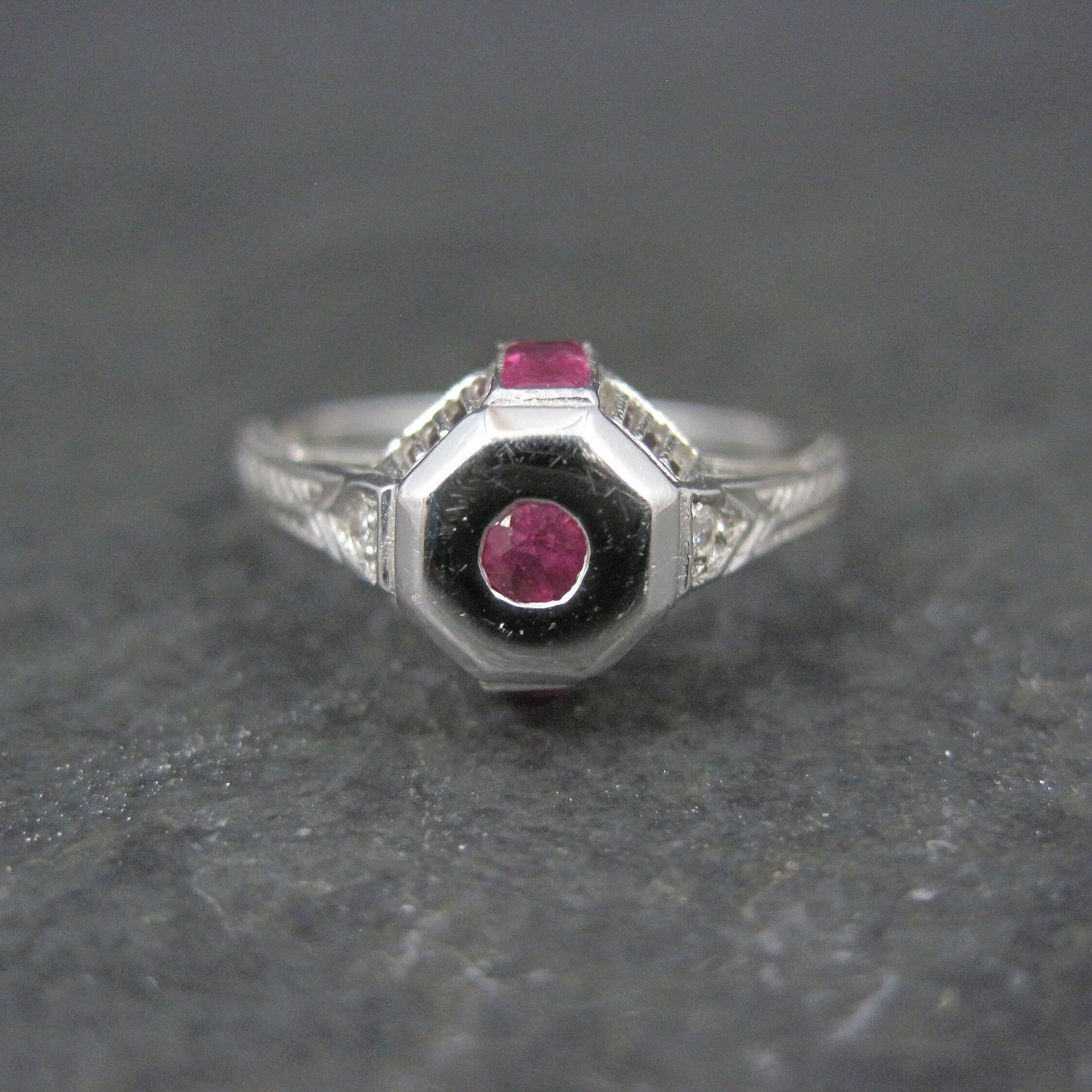 Antique Art Deco 9K Ruby Diamond Engagement Ring Size 6.5