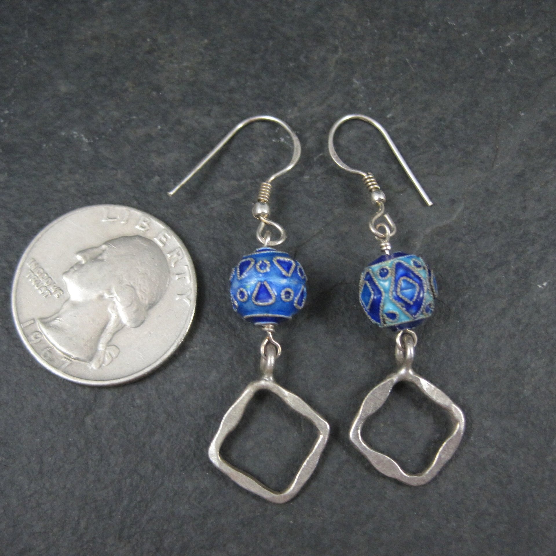 Long Sterling Blue Enamel Bead Earrings