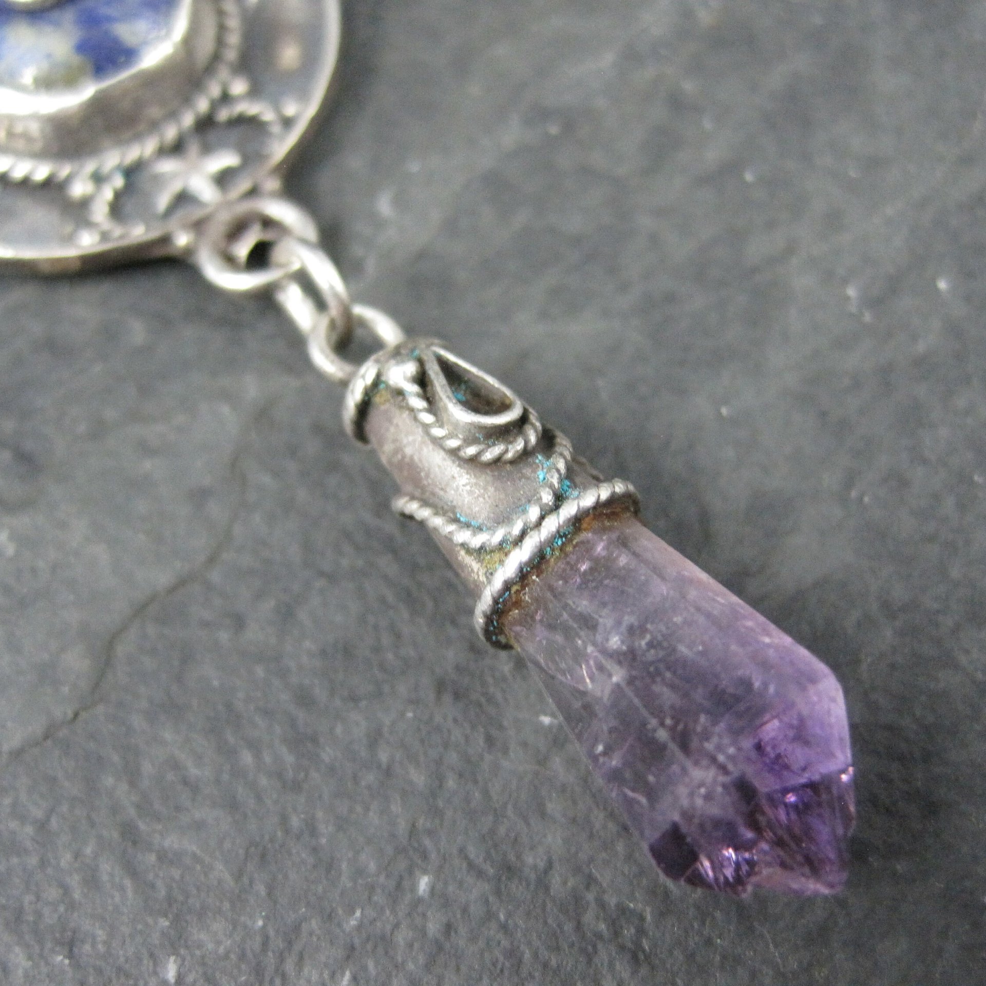 Long Vintage Garnet Lapis Amethyst Point Celestial Pendant