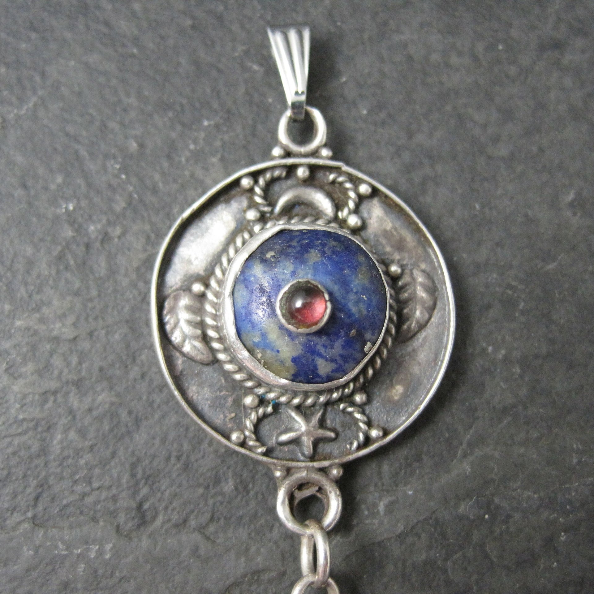 Long Vintage Garnet Lapis Amethyst Point Celestial Pendant