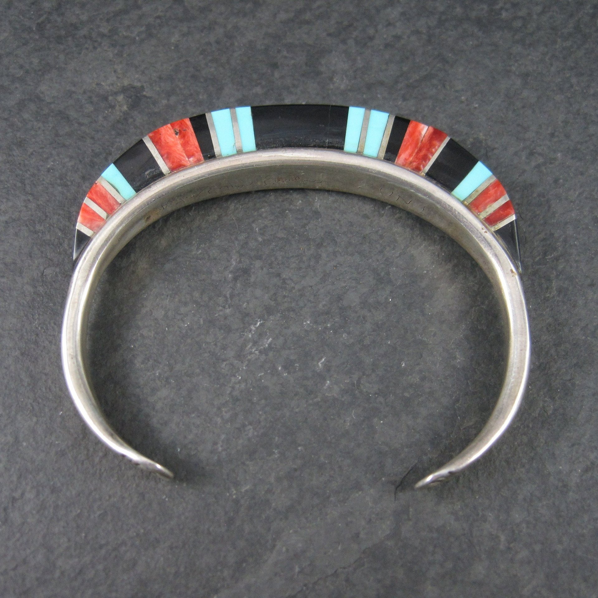 Estate Sterling Zuni Raised Inlay Turquoise Coral Onyx Cuff Bracelet 6 Inches