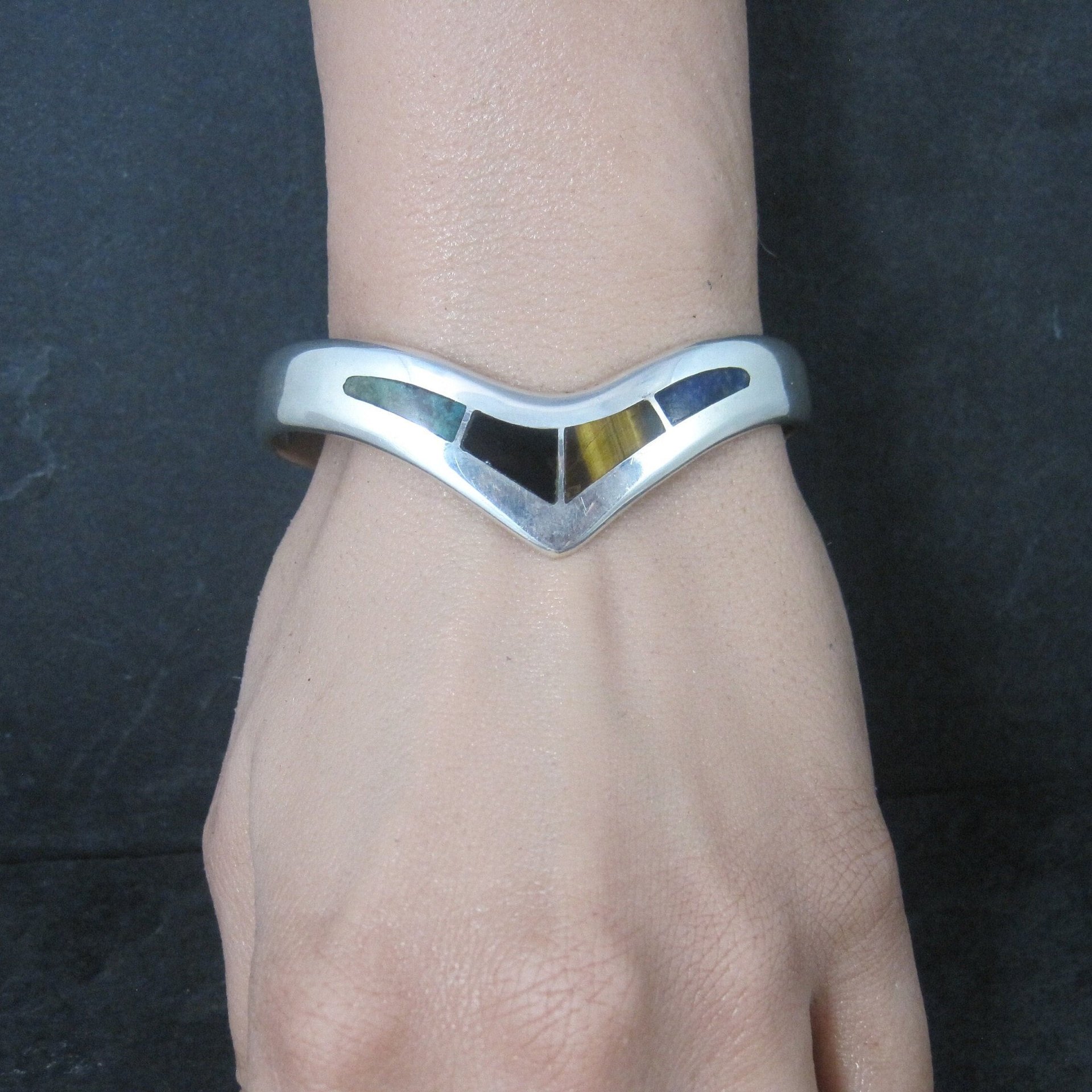 Mexican Sterling Inlay Sweater Cuff Bracelet 6 Inches