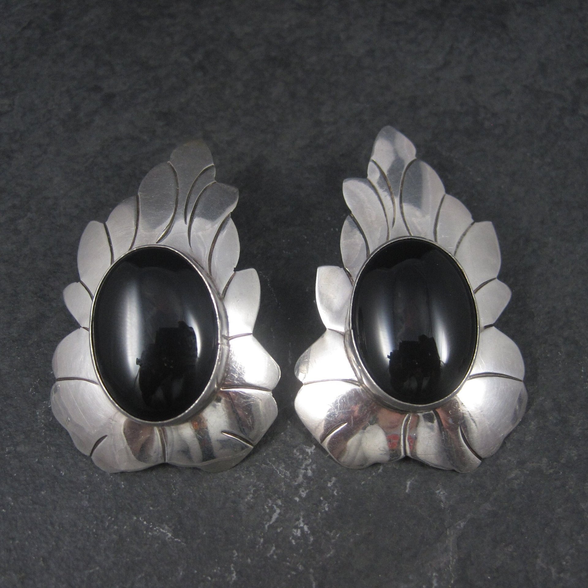 Signed Huge Vintage Southwestern Sterling Onyx Earrings