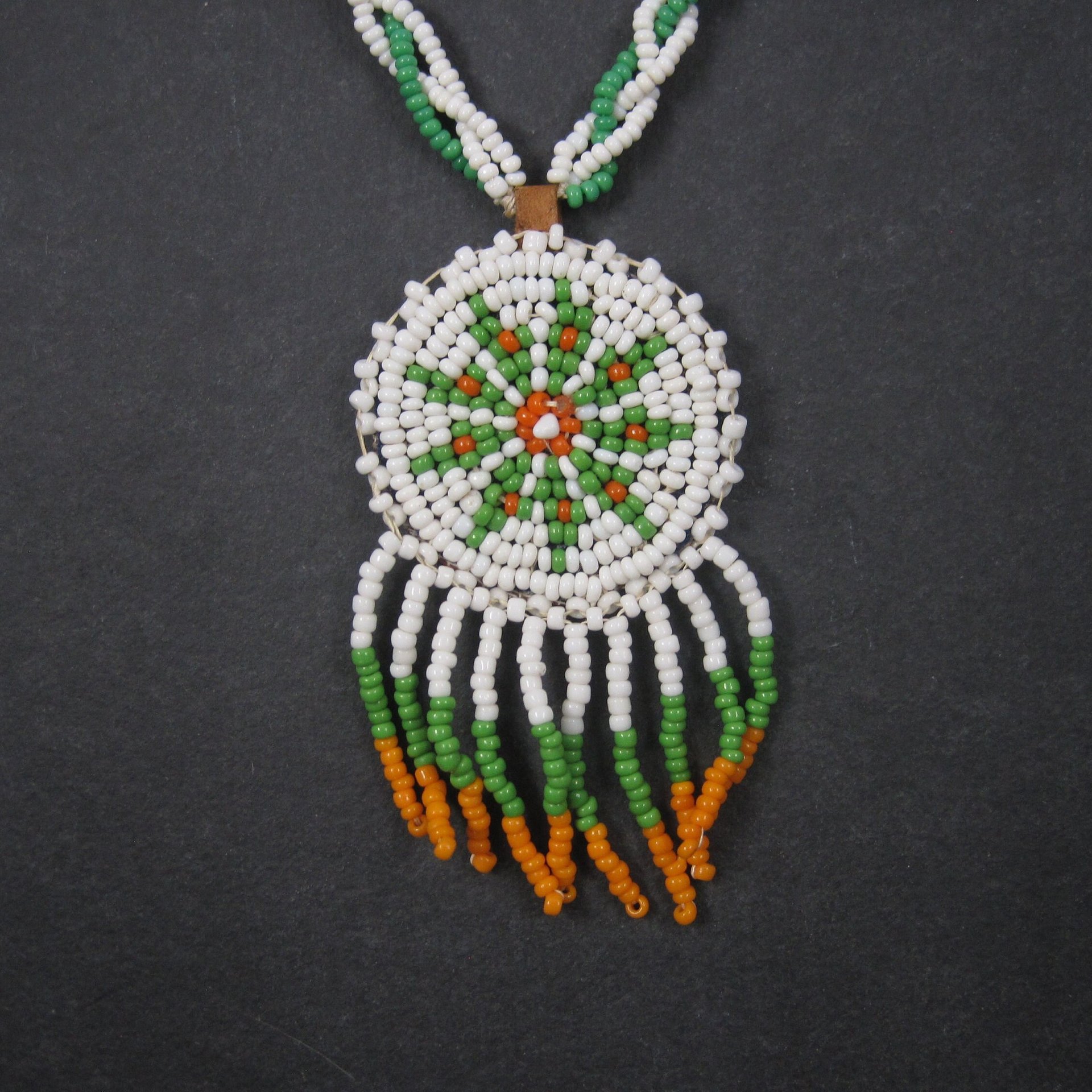 Vintage Sioux Orange Green White Beaded Necklace 26 Inches