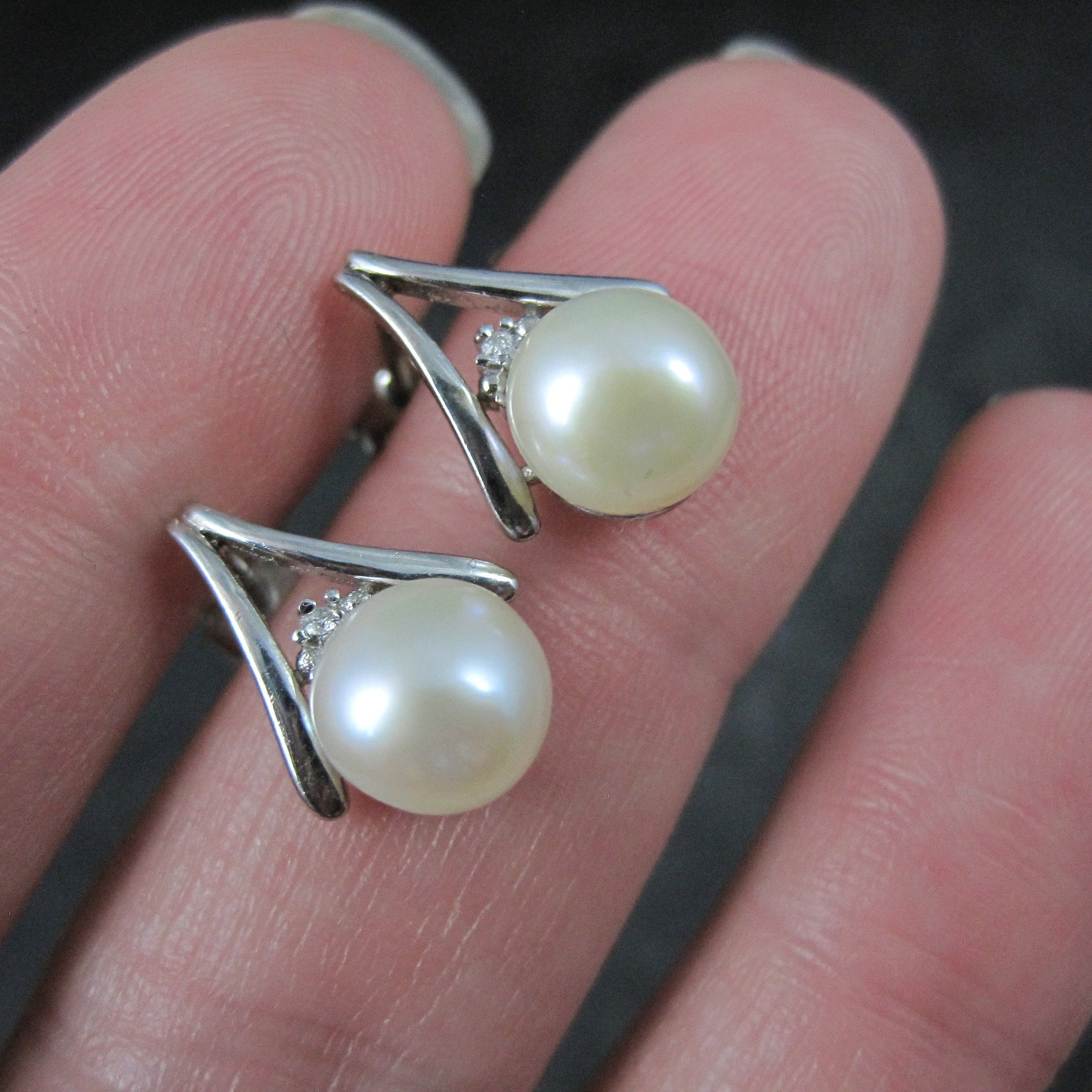 Estate Sterling Pearl Diamond Earrings