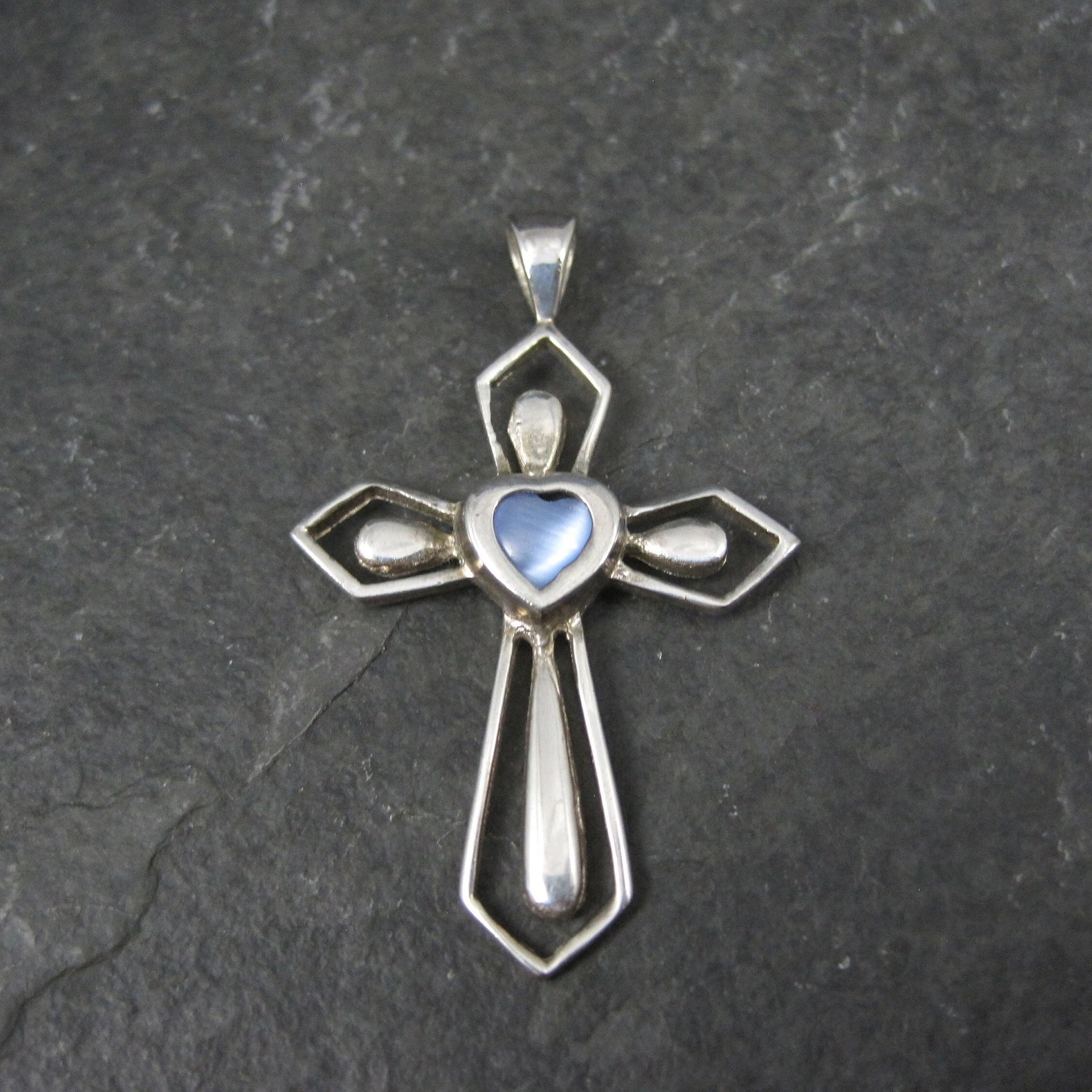 Estate Sterling Blue Cats Eye Cross Pendant