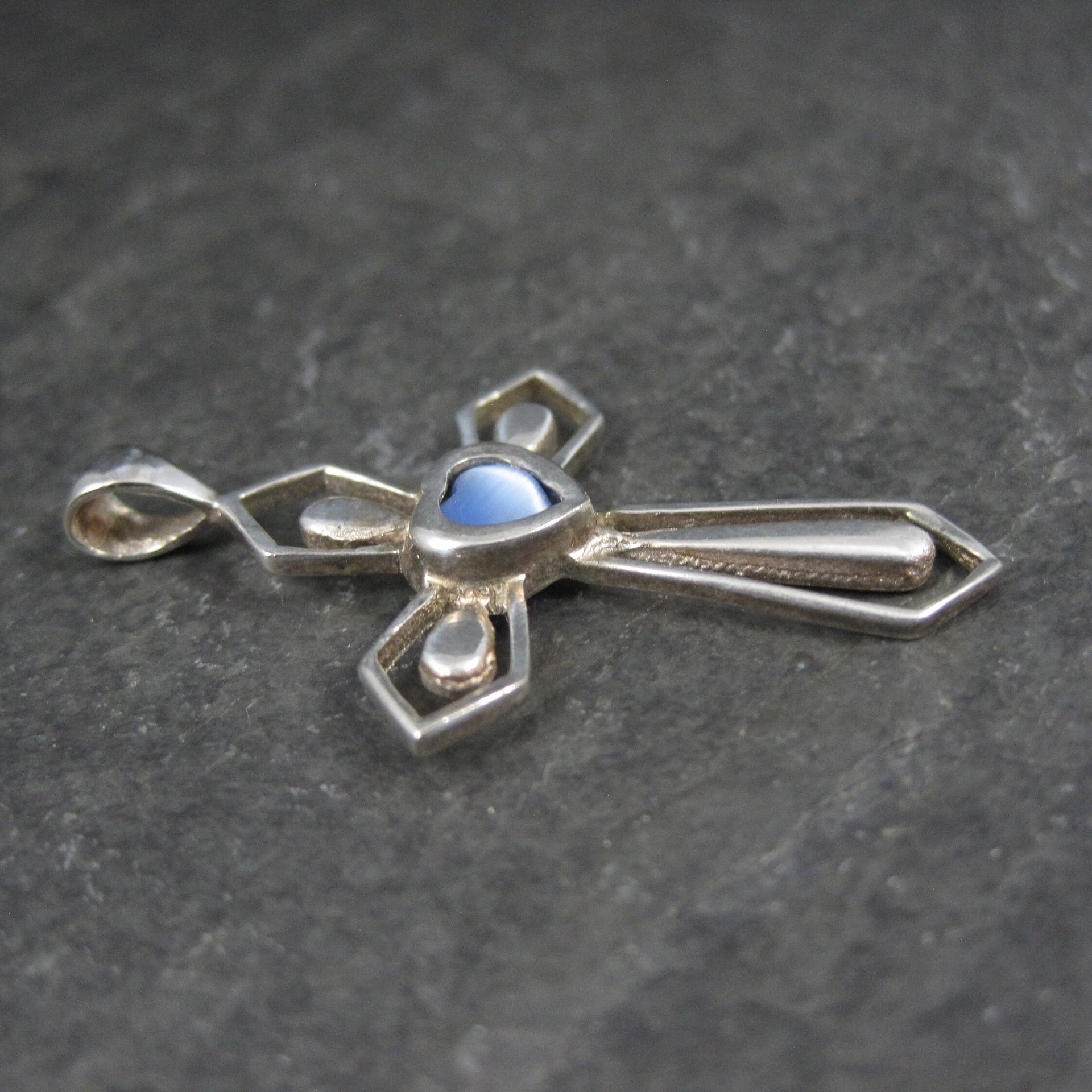 Estate Sterling Blue Cats Eye Cross Pendant