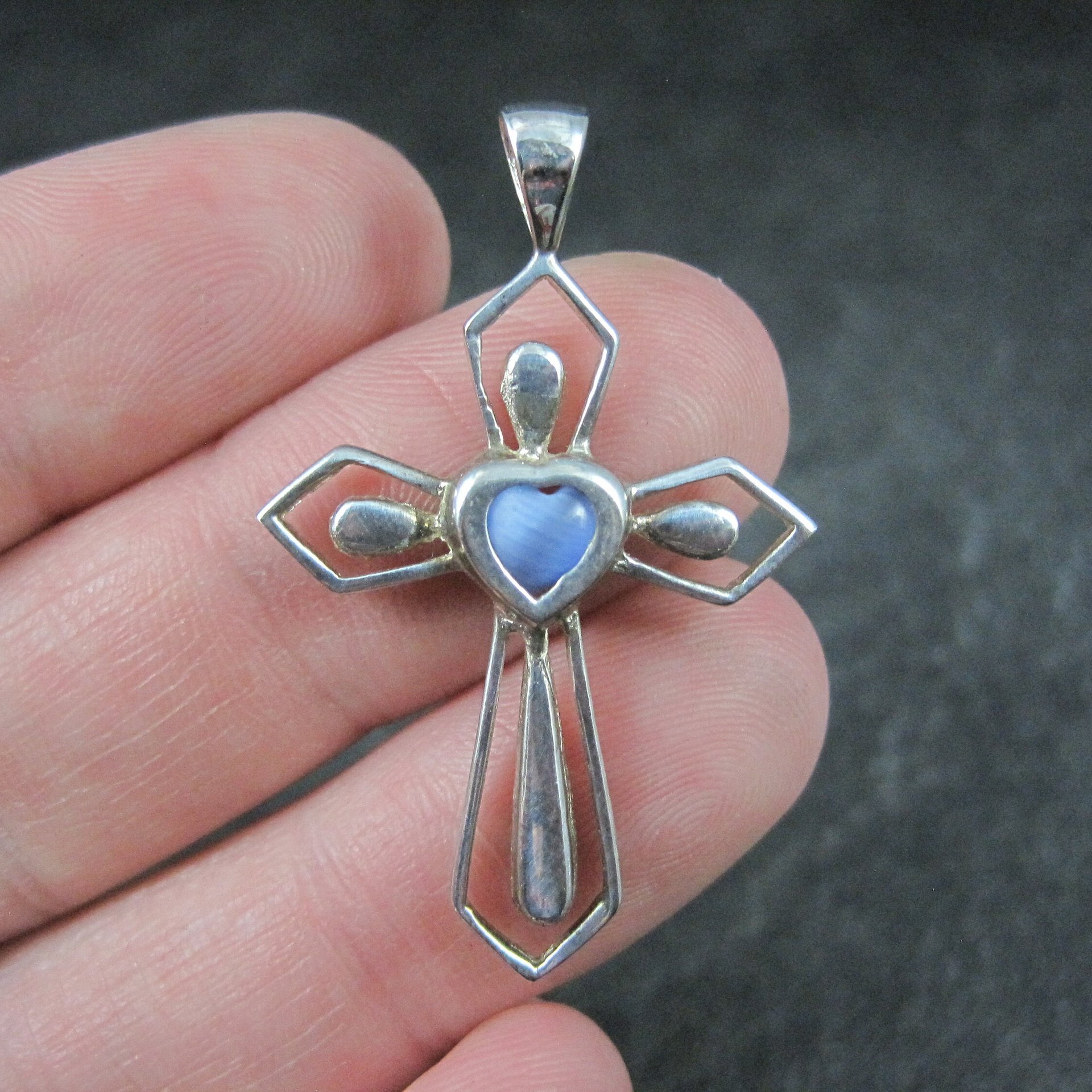 Estate Sterling Blue Cats Eye Cross Pendant