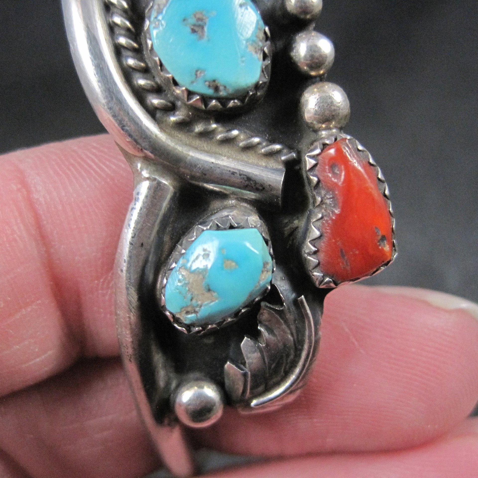 Vintage Southwestern Sterling Turquoise Coral Cuff Bracelet 6.25 Inches