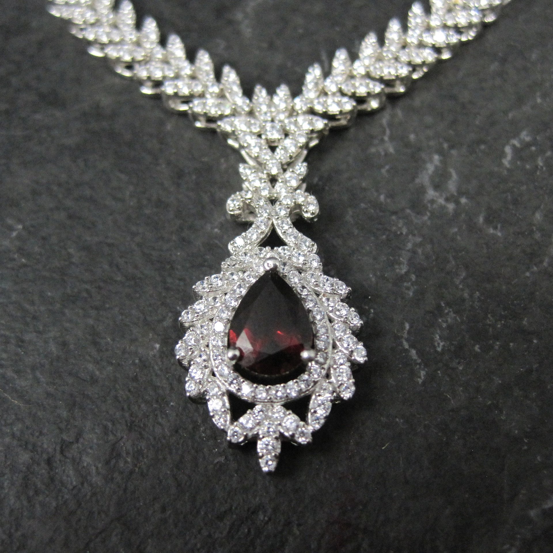 Stunning Estate Sterling Silver Garnet and Cz Necklace