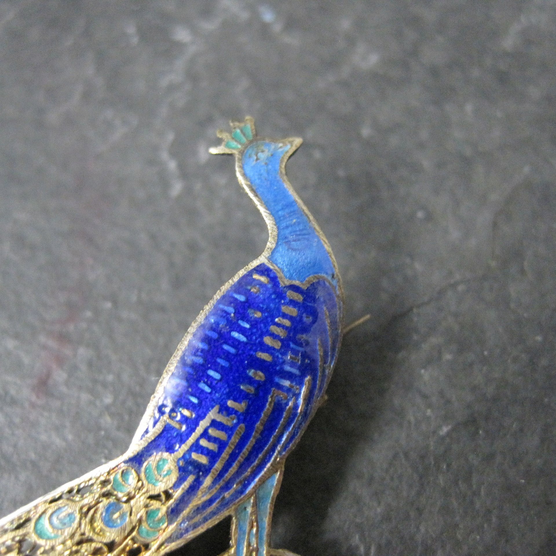 Antique Gold Gilt Silver Enamel Peacock Brooch