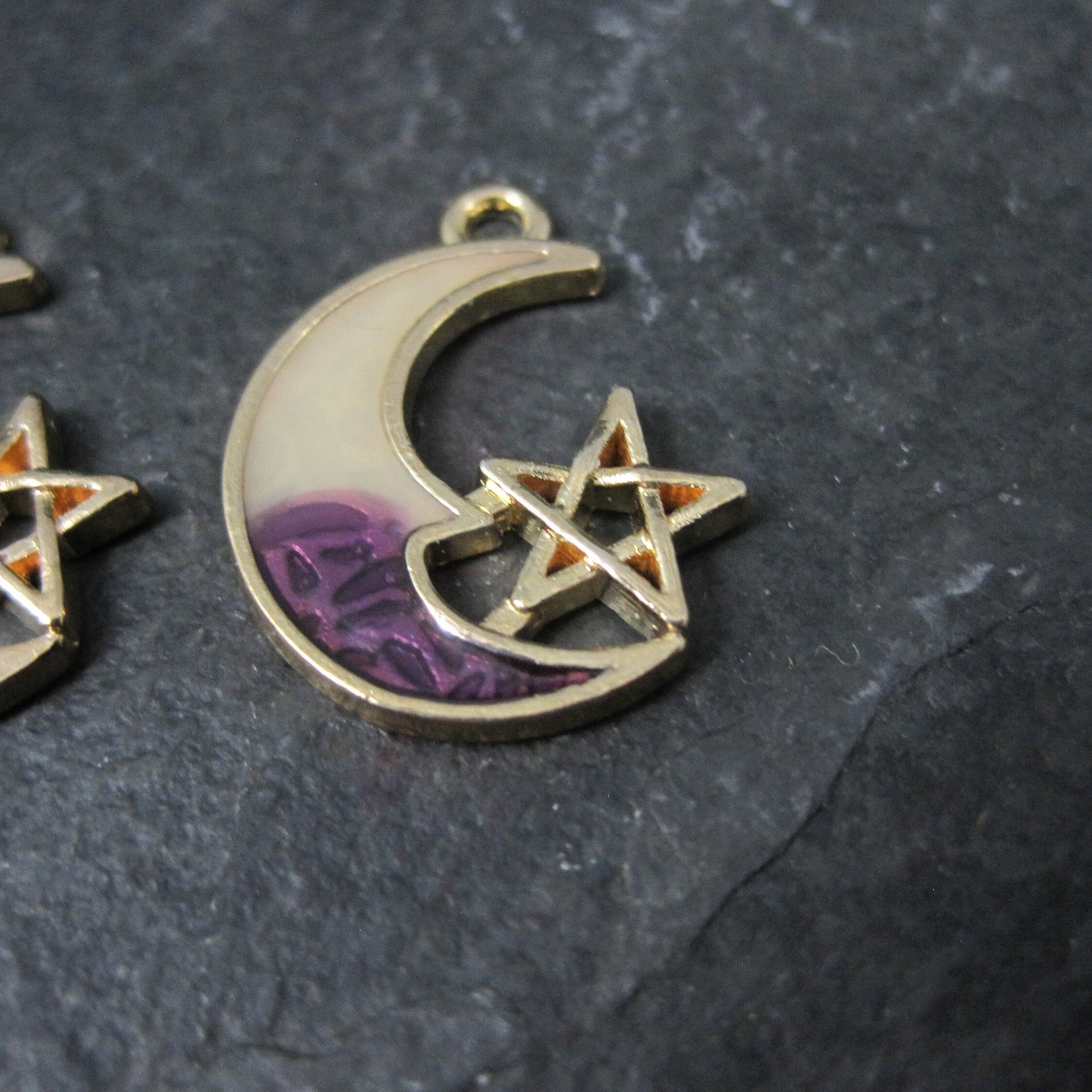 Lot of 2 Crescent Moon Pentagram Charms Purple & Blue