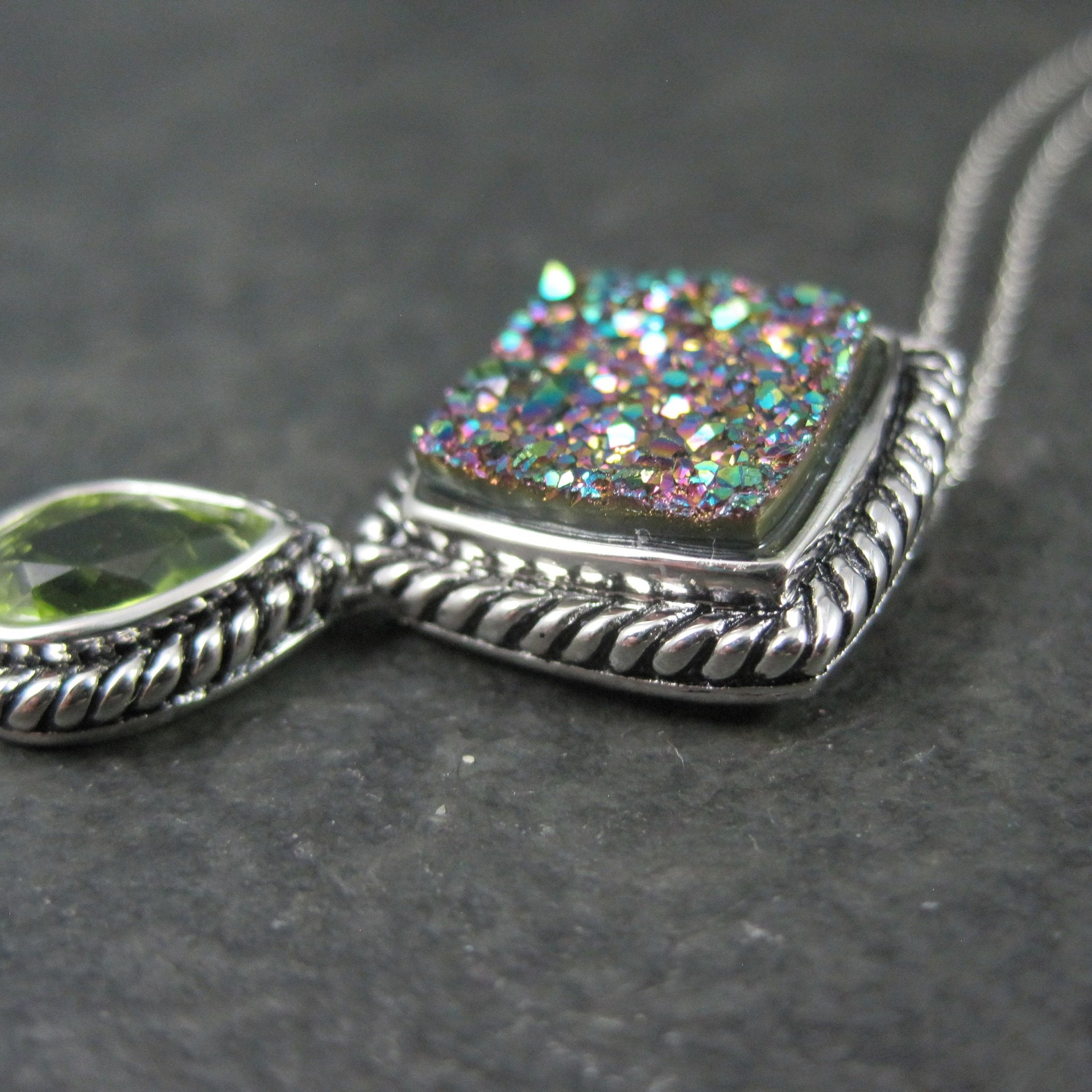 Estate Sterling Peridot Druzy Pendant Necklace