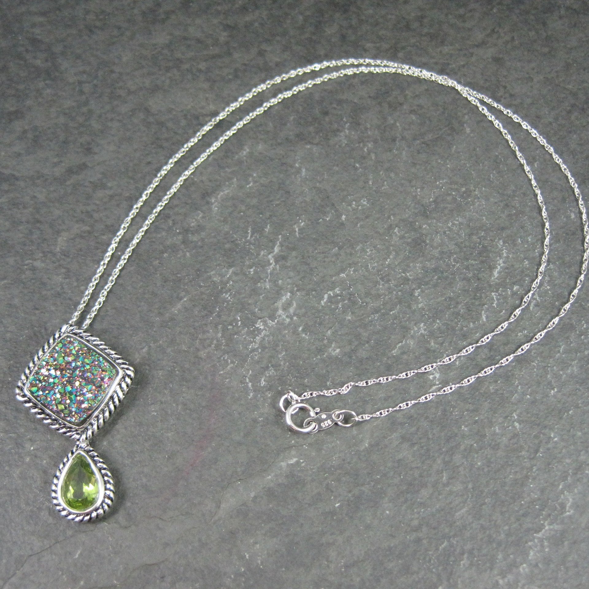 Estate Sterling Peridot Druzy Pendant Necklace