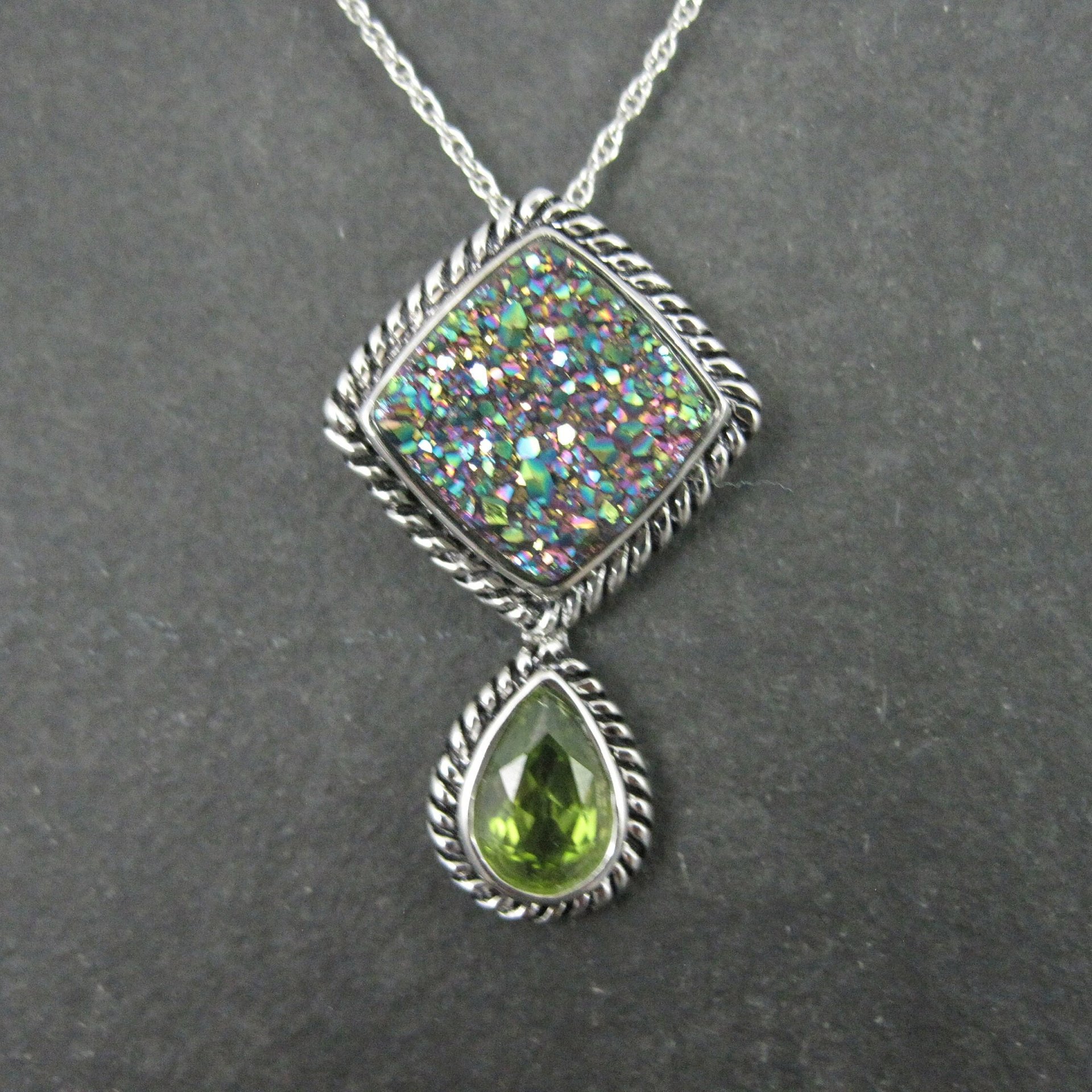 Estate Sterling Peridot Druzy Pendant Necklace