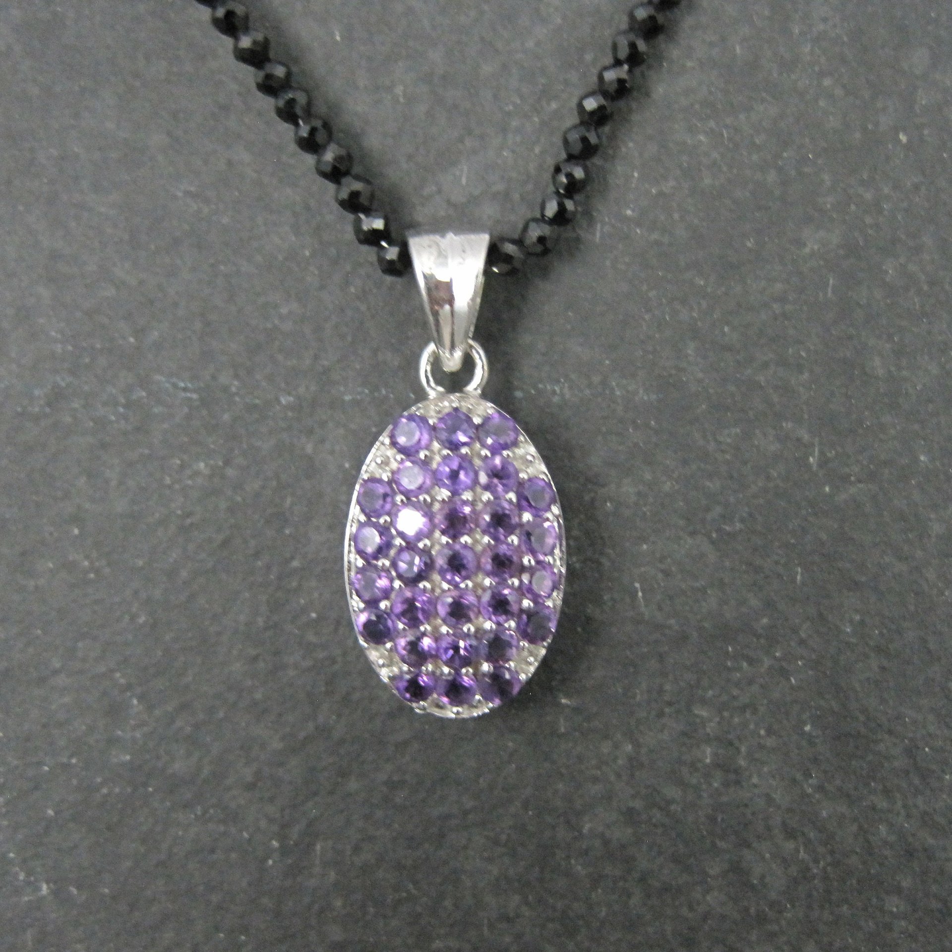 Estate Sterling Silver Amethyst Pendant on Faceted Black Tourmaline Necklace