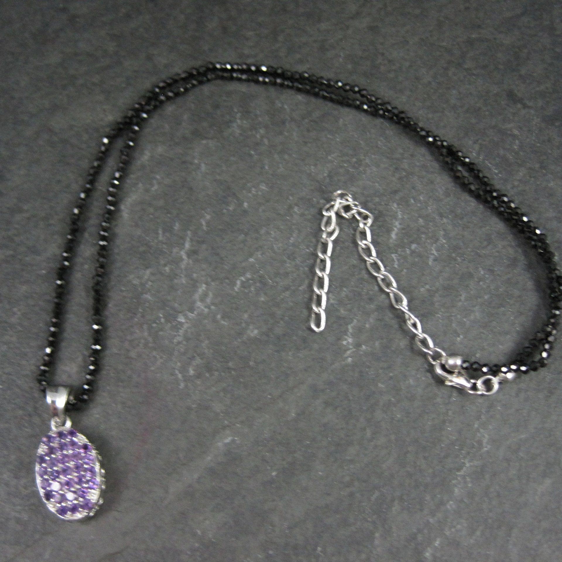 Estate Sterling Silver Amethyst Pendant on Faceted Black Tourmaline Necklace