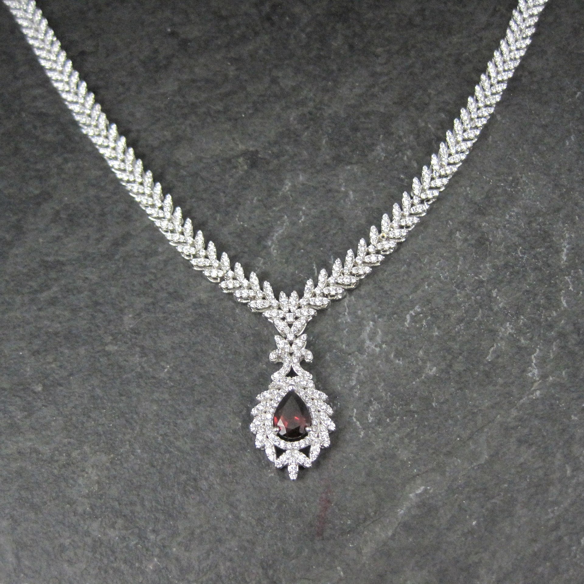 Stunning Estate Sterling Silver Garnet and Cz Necklace