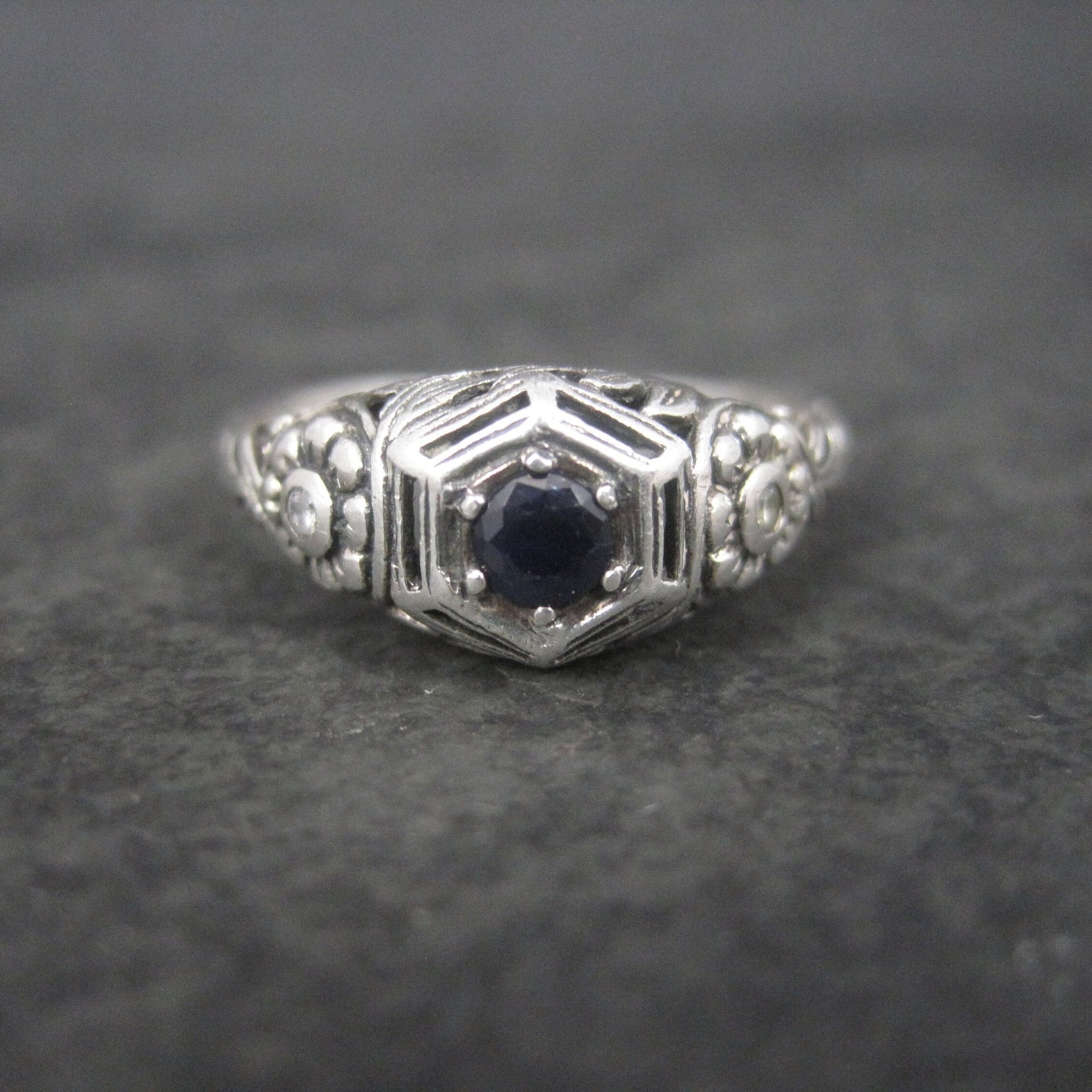 Vintage Sterling Filigree Sapphire Diamond Ring Size 8