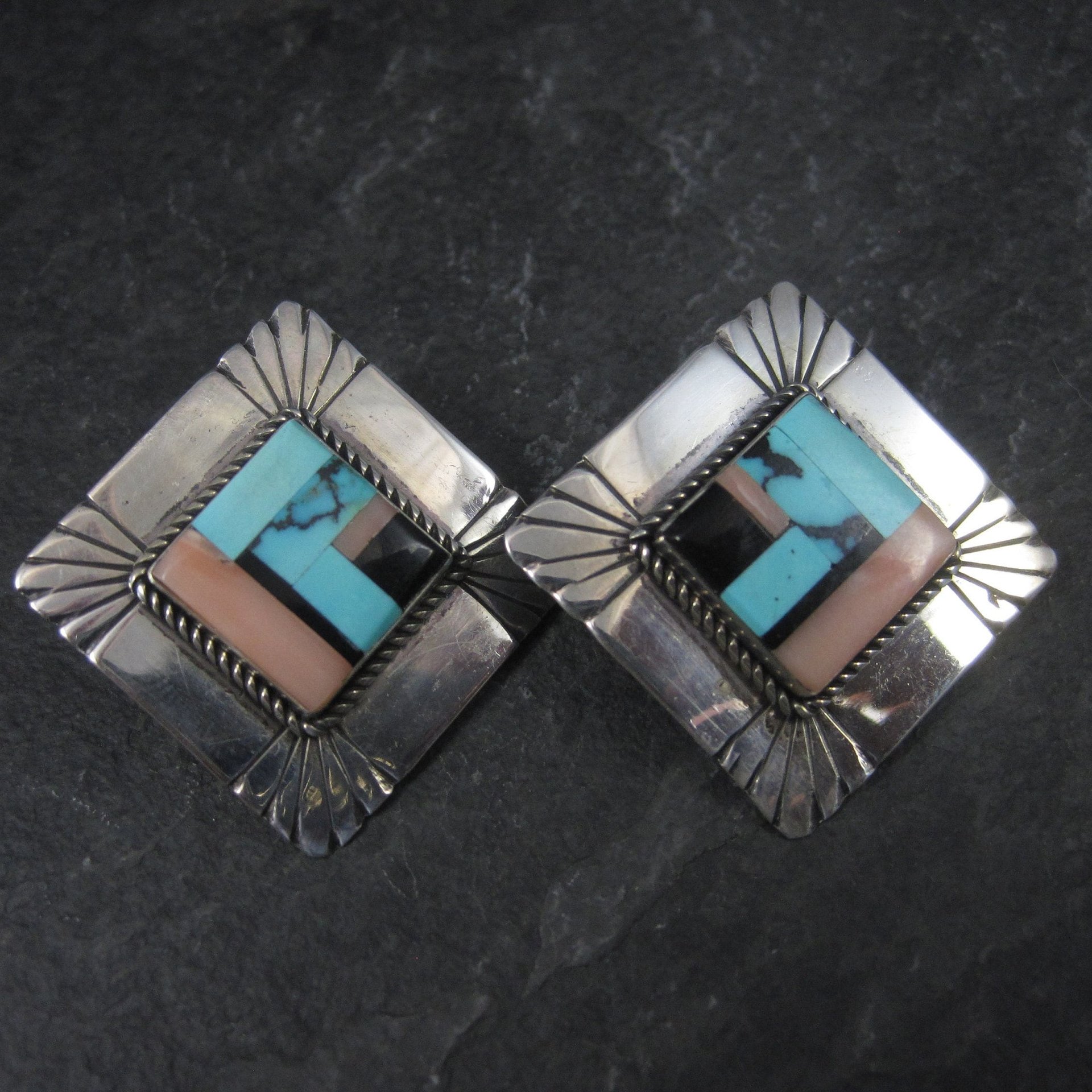 Vintage Southwestern Sterling Inlay Clip On Earrings