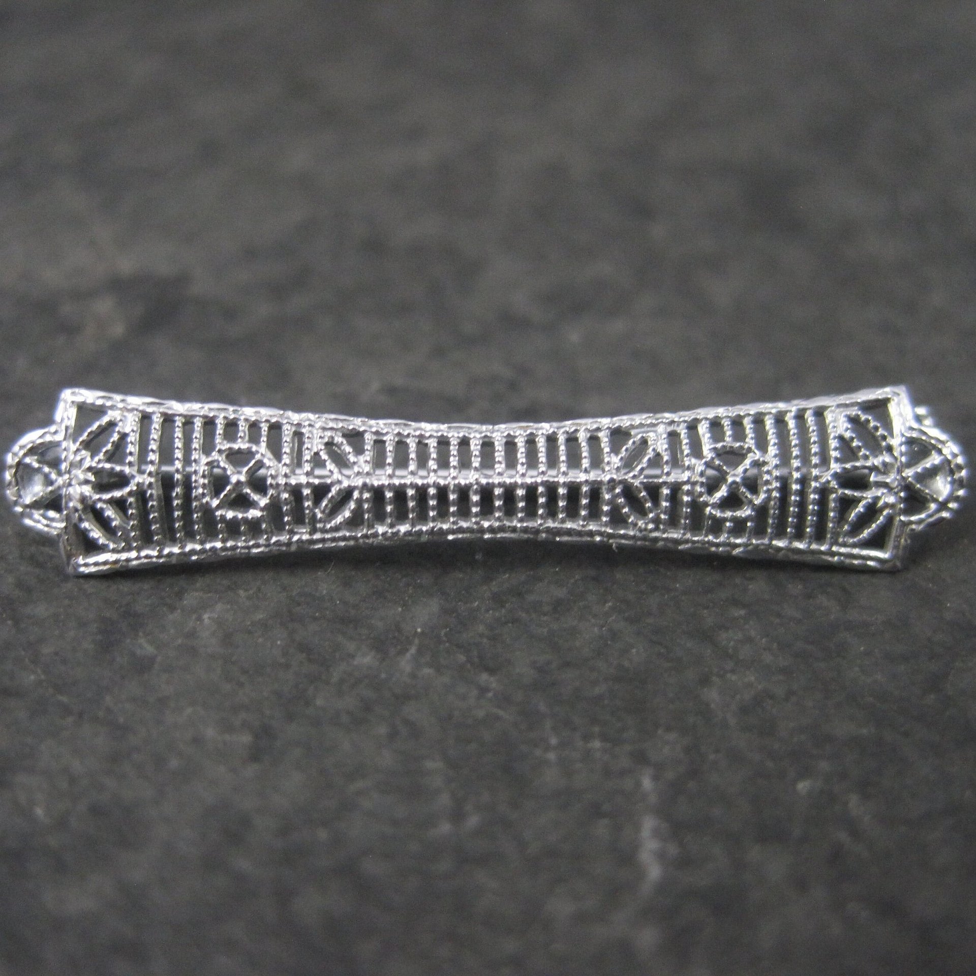 Small Antique 10K White Gold Filigree Bar Pin