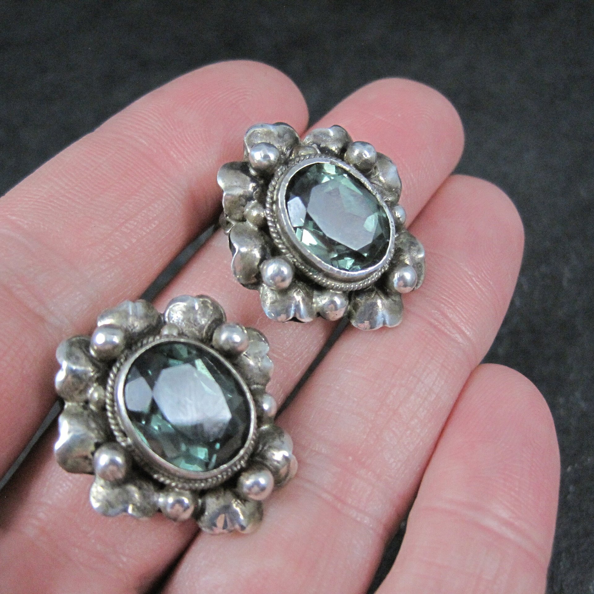 Estate Sterling Green Spinel Clip On Earrings