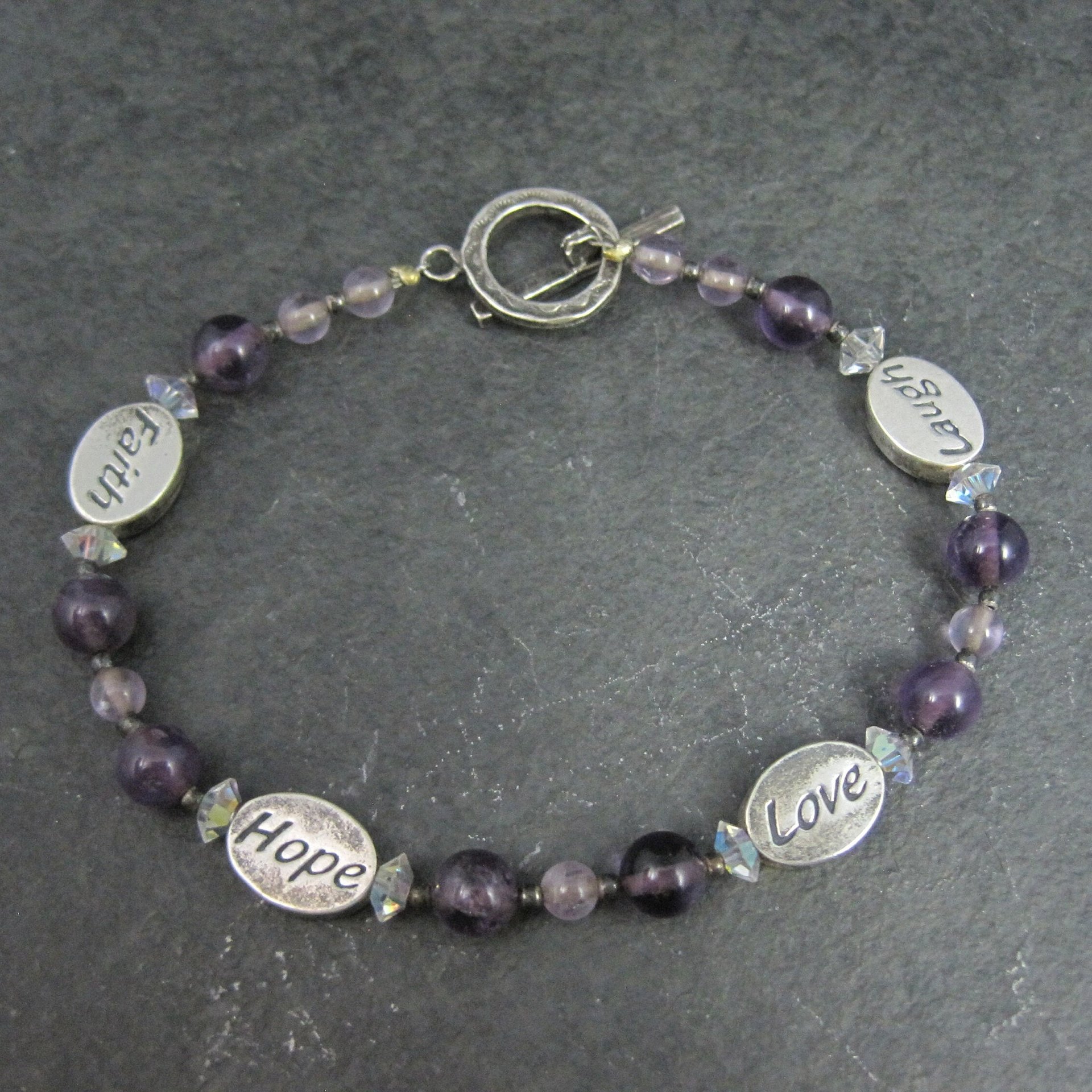 Estate Sterling Amethyst Faith Hope Love Toggle Bracelet 7.5 Inches