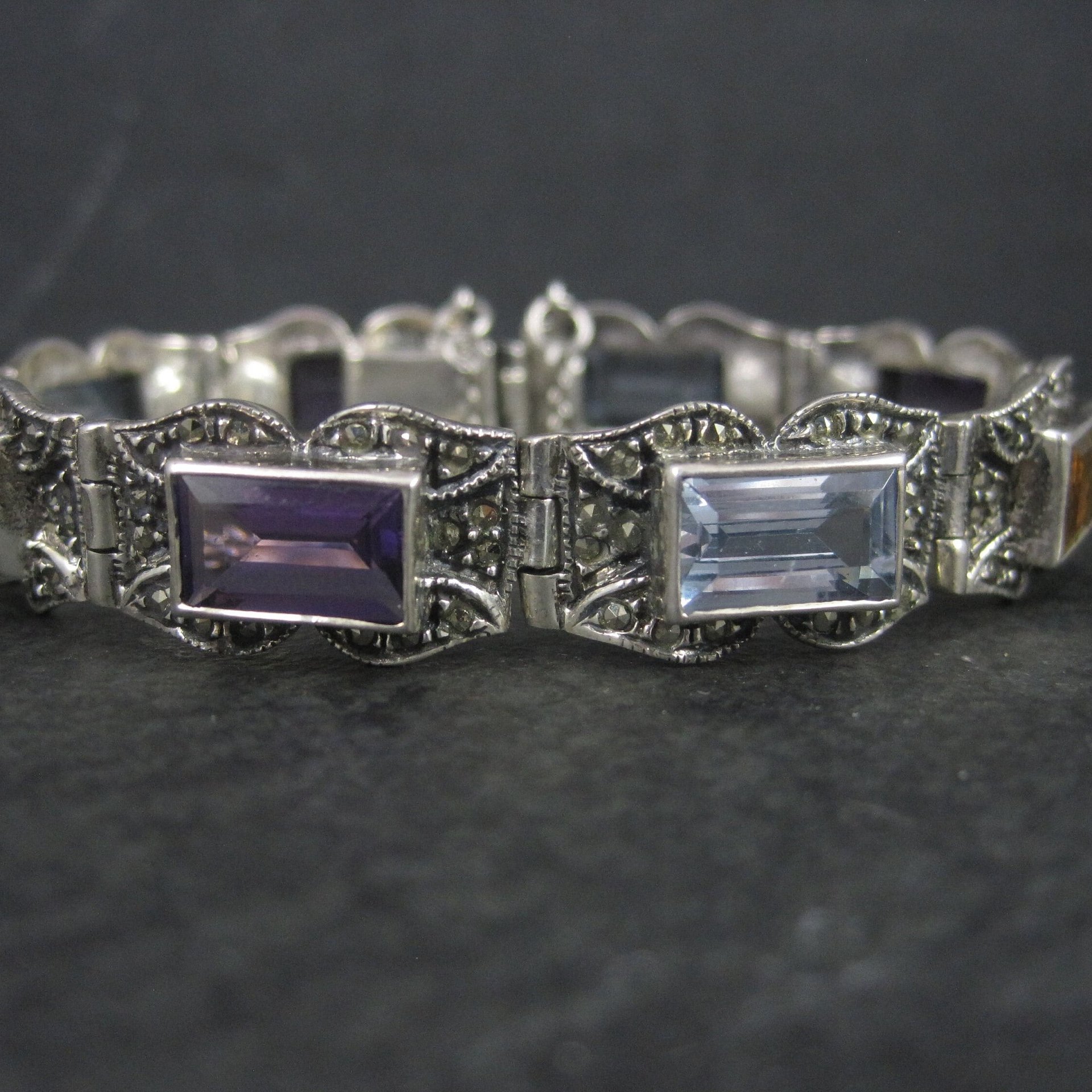 Vintage Sterling Marcasite Gemstone Bracelet 6.5 Inches