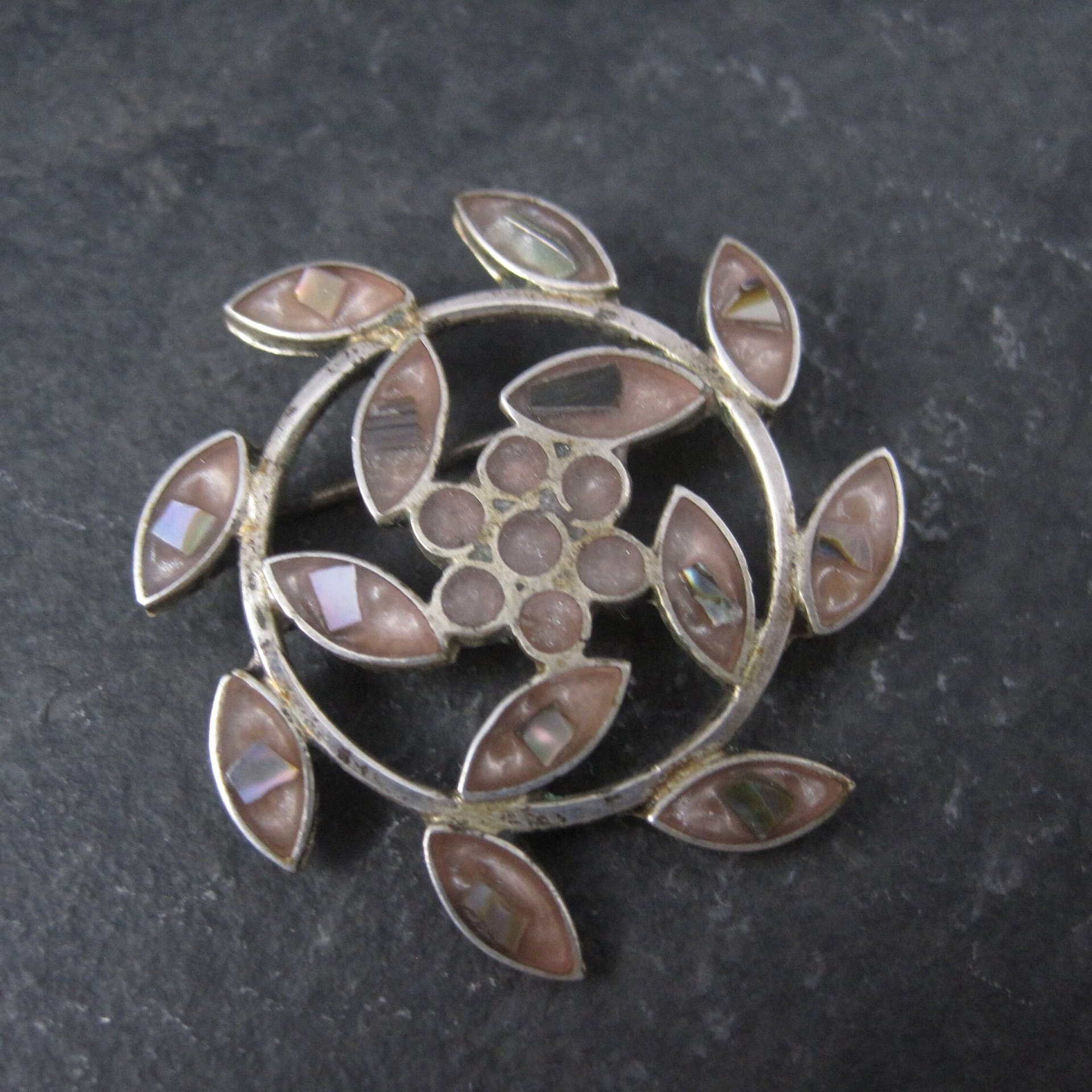 Estate Mexican Alpaca Abalone Flower Brooch