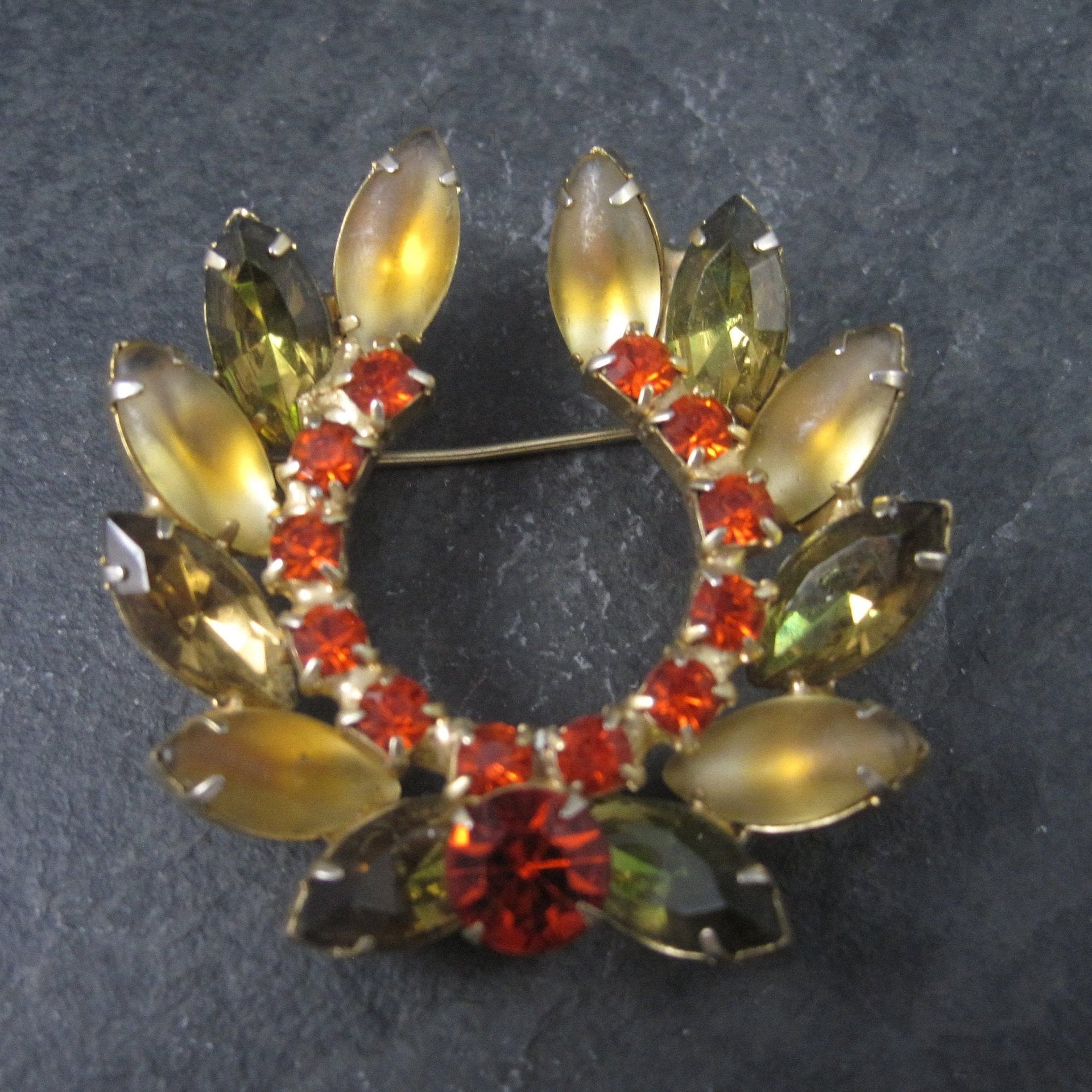 Vintage Juliana Orange Green Gold Rhinestone Brooch