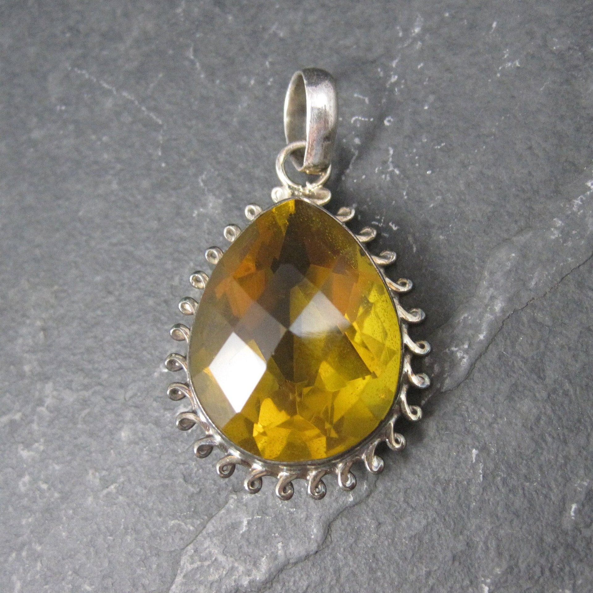 Large 90s Sterling Faceted Yellow Glass Pendant