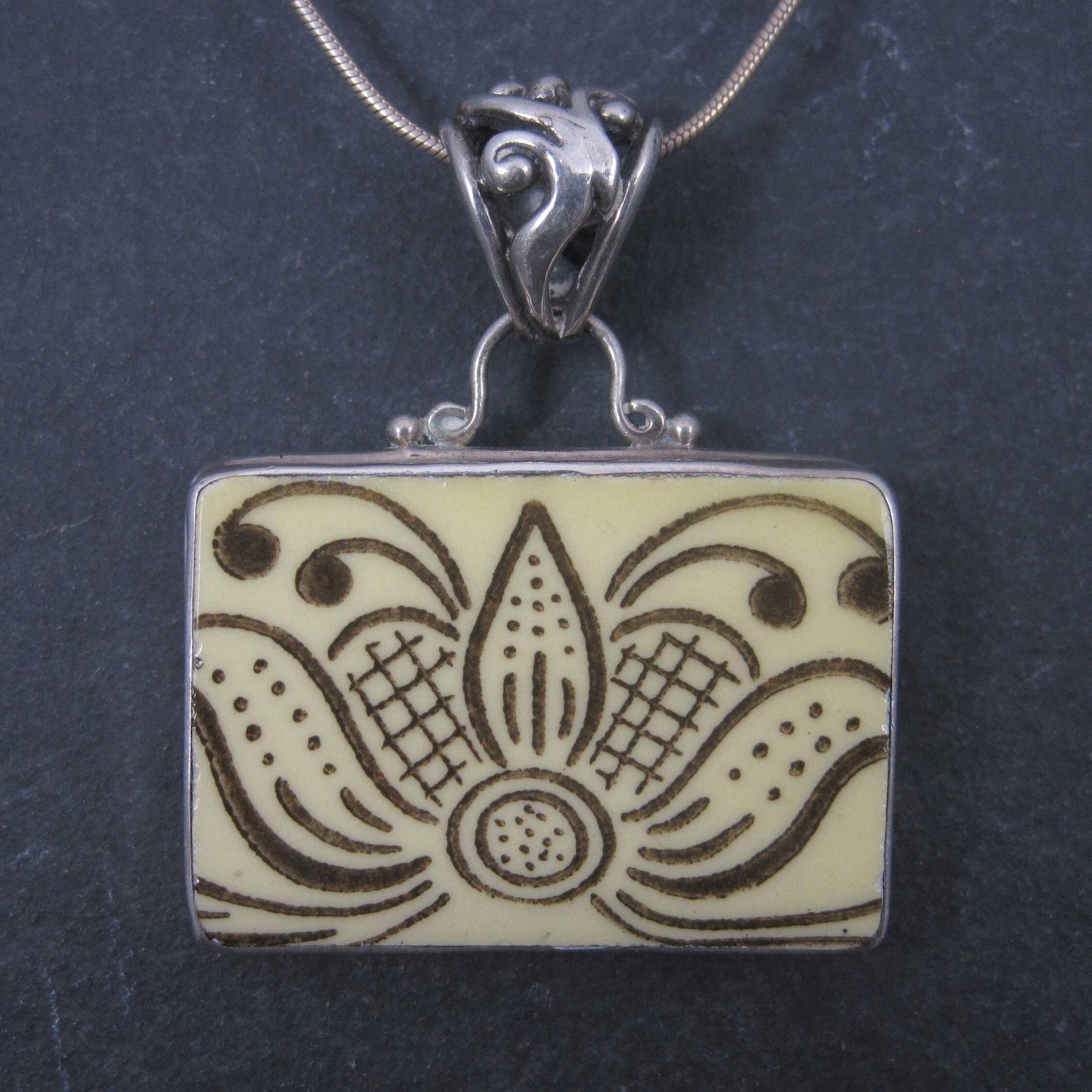 Vintage Sterling Floral Pottery Pendant Necklace