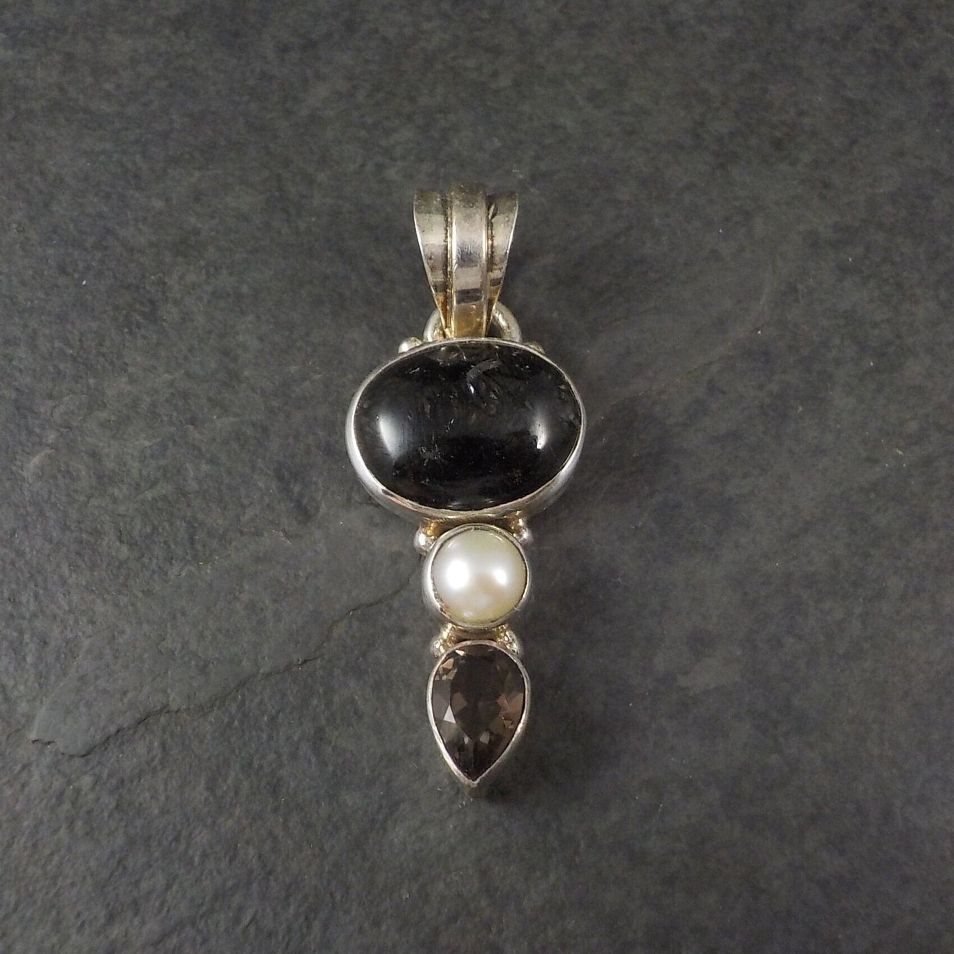 Vintage Sterling Rutilated Smoky Quartz Pearl Pendant