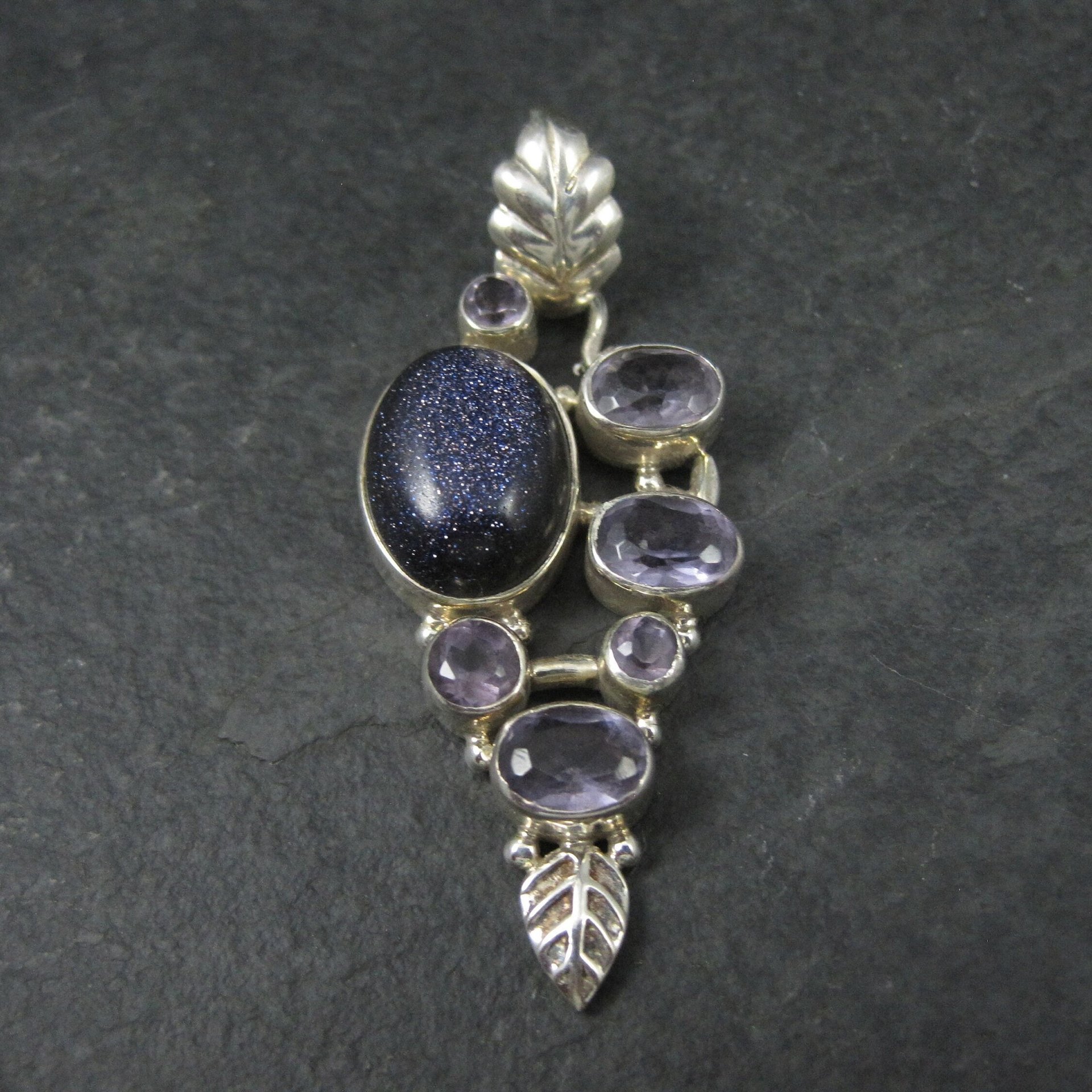 Large Sterling Blue Goldstone Amethyst Leaf Pendant