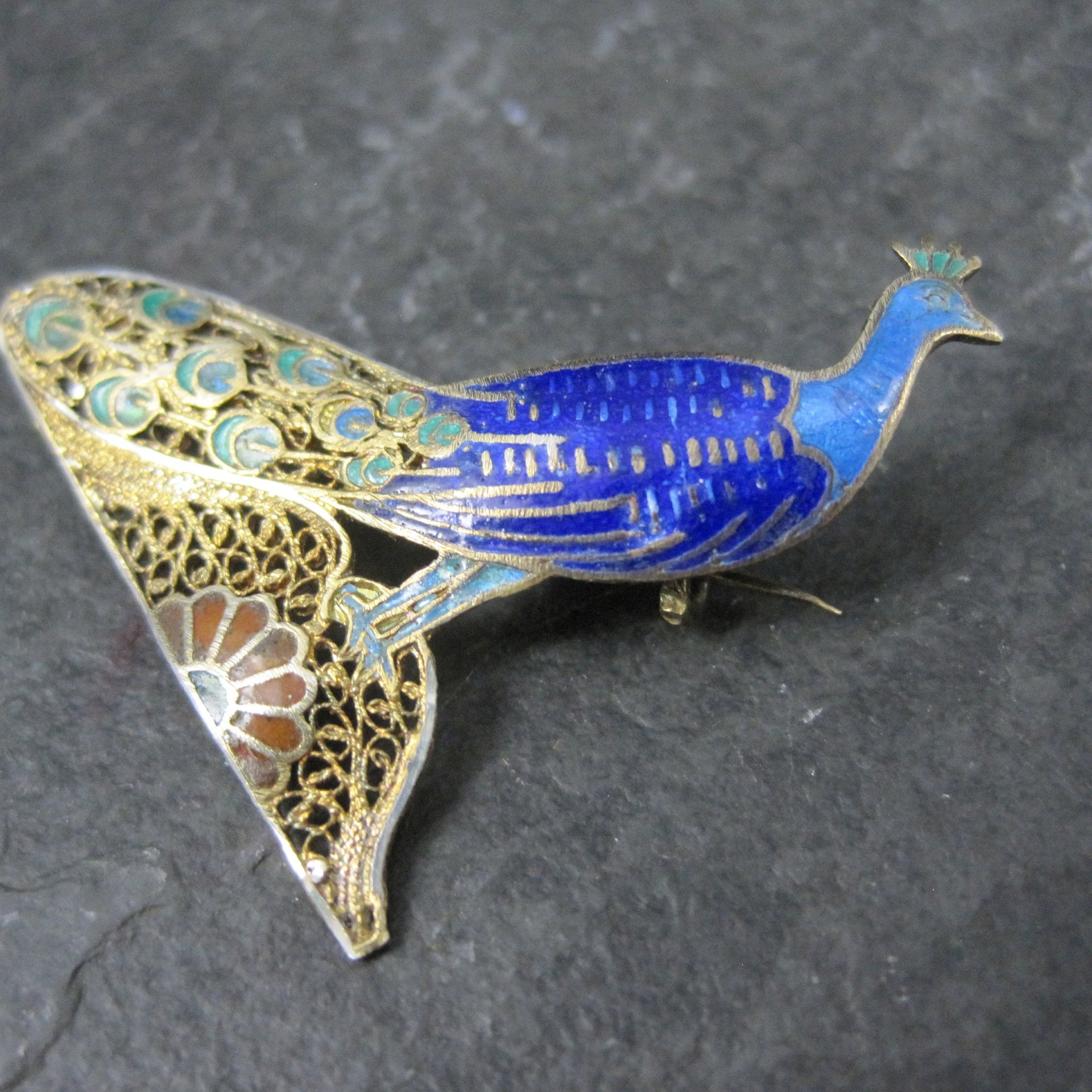 Antique Gold Gilt Silver Enamel Peacock Brooch