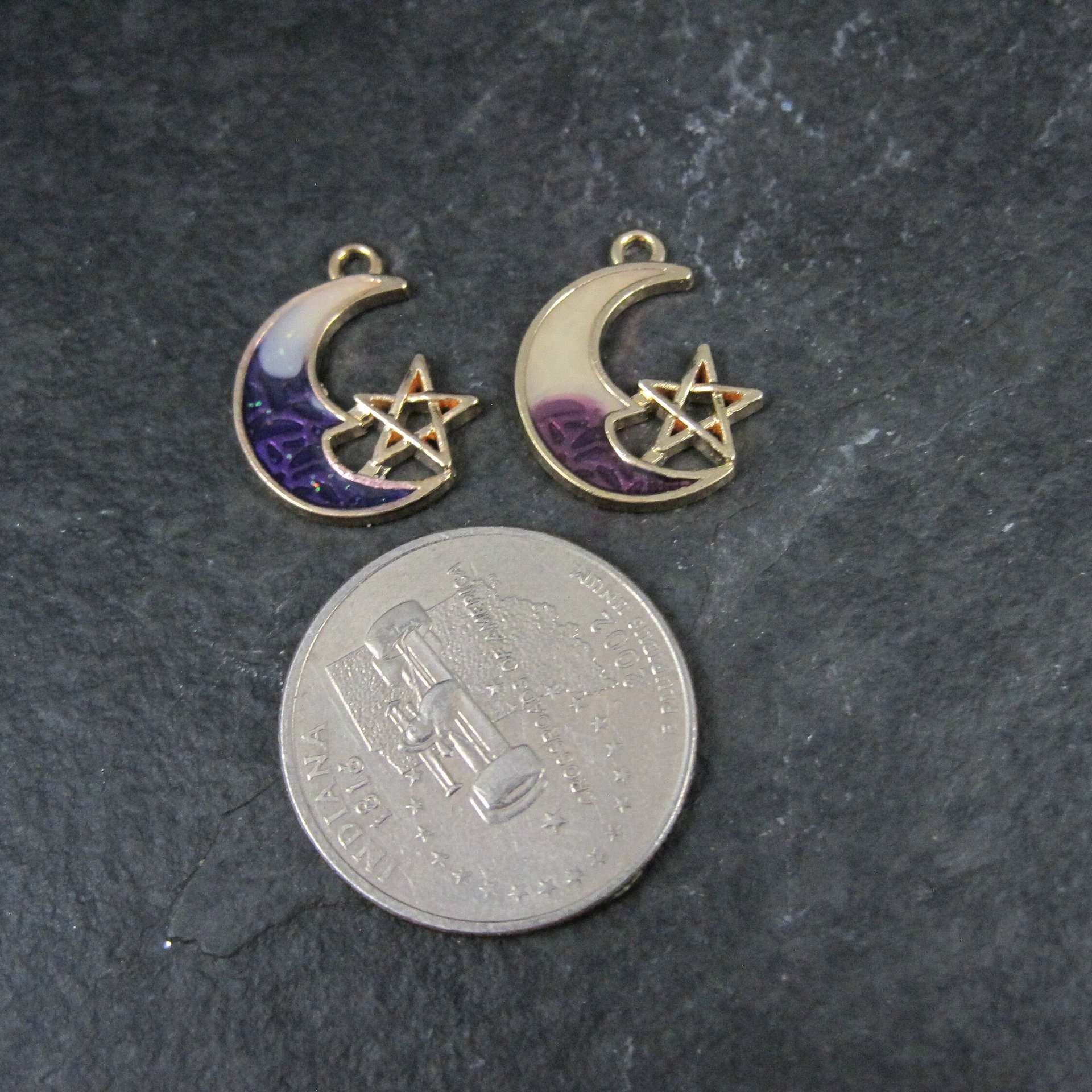 Lot of 2 Crescent Moon Pentagram Charms Purple & Blue