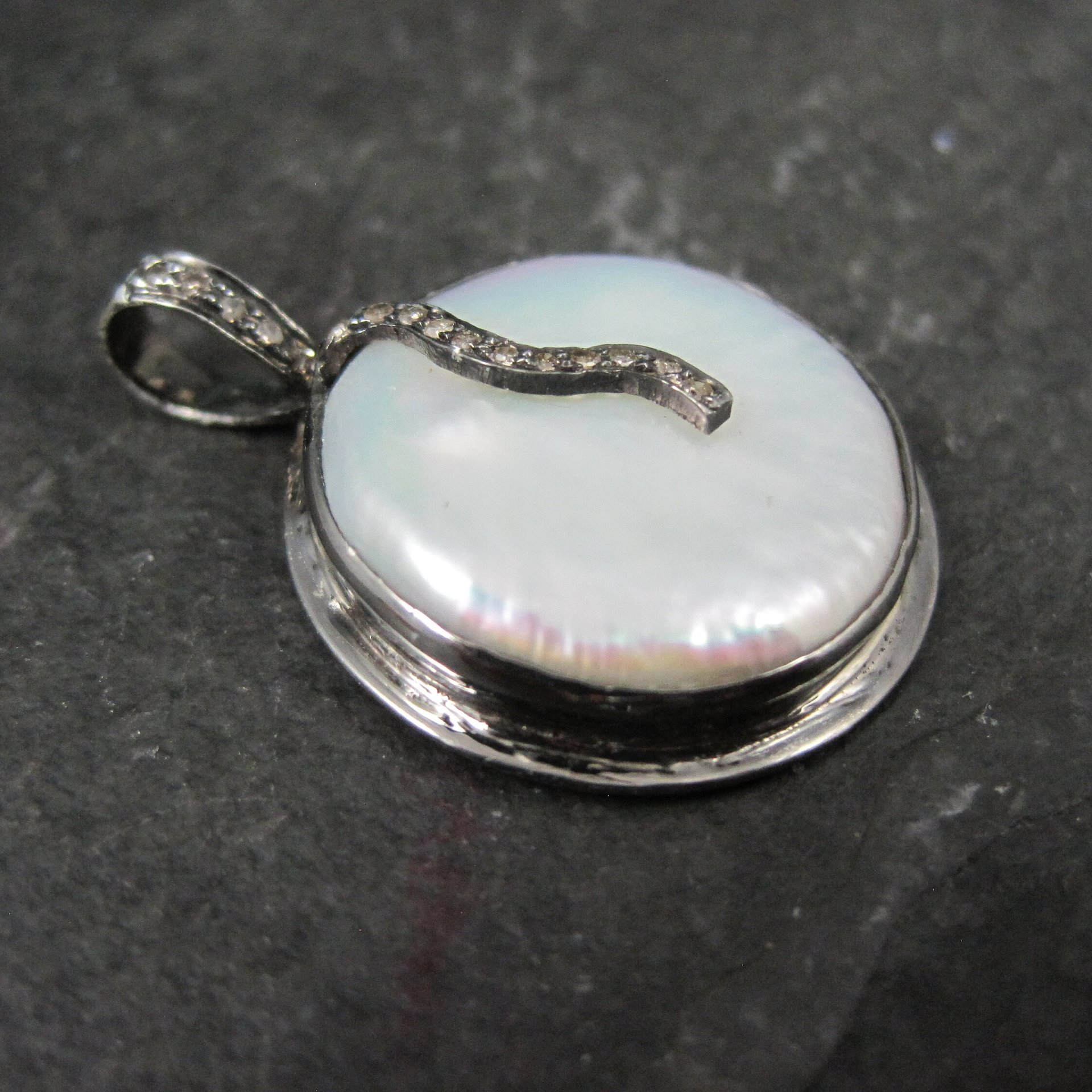 Round Sterling Baroque Mabe Pearl and Diamond Pendant