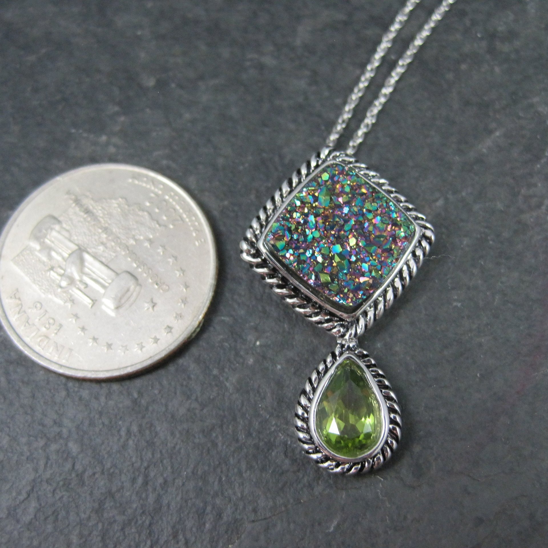 Estate Sterling Peridot Druzy Pendant Necklace