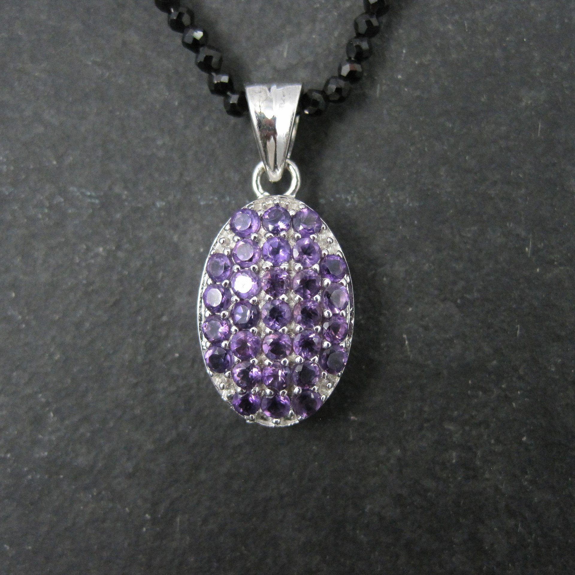 Estate Sterling Silver Amethyst Pendant on Faceted Black Tourmaline Necklace