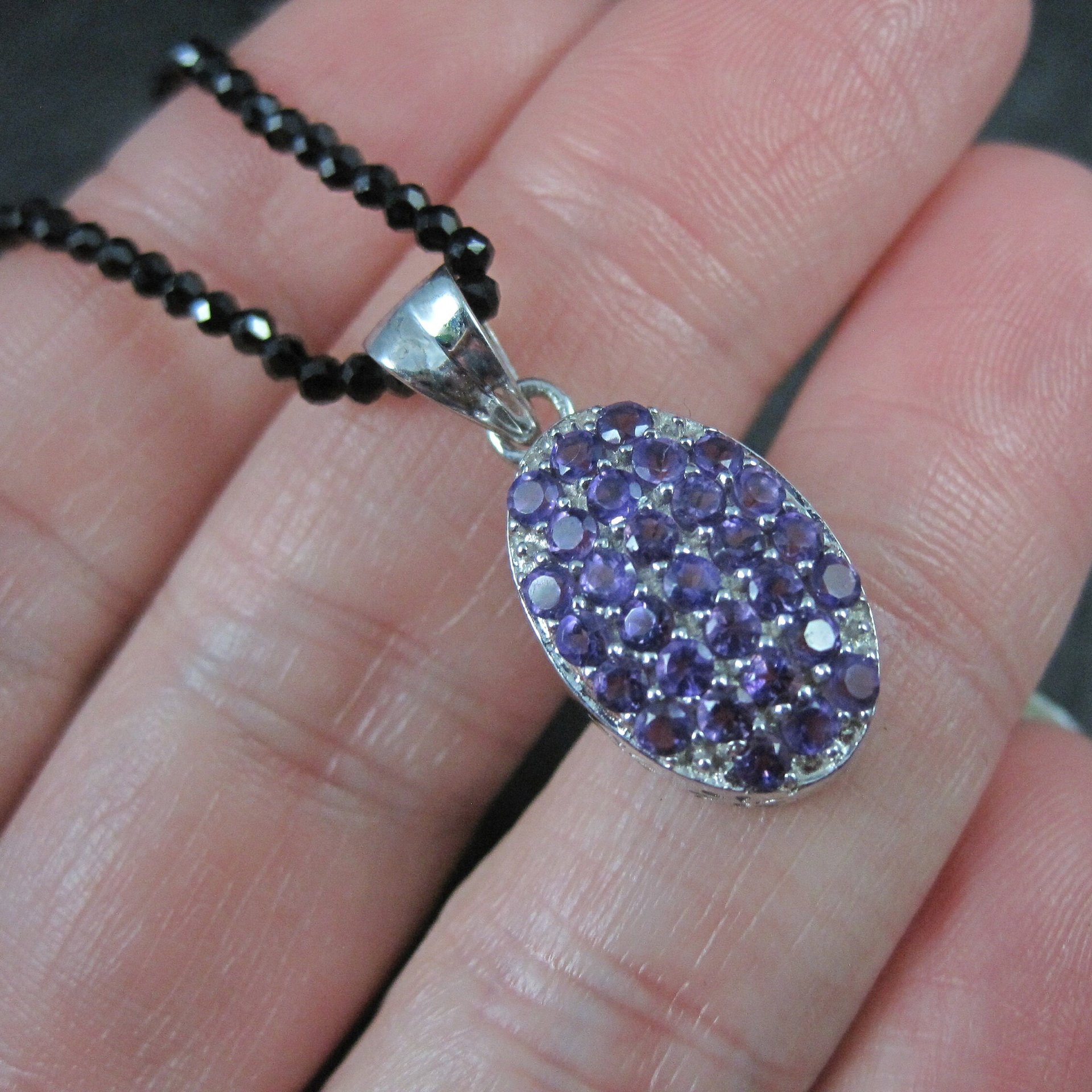 Estate Sterling Silver Amethyst Pendant on Faceted Black Tourmaline Necklace