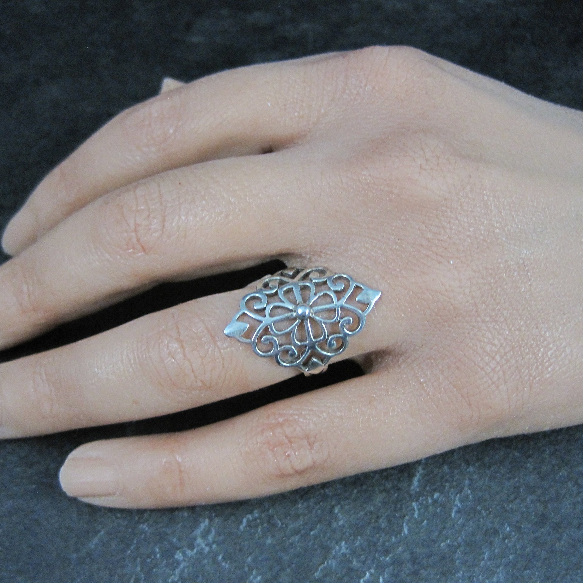 Vintage Italian Sterling Silver Filigree Flower Ring Size 5