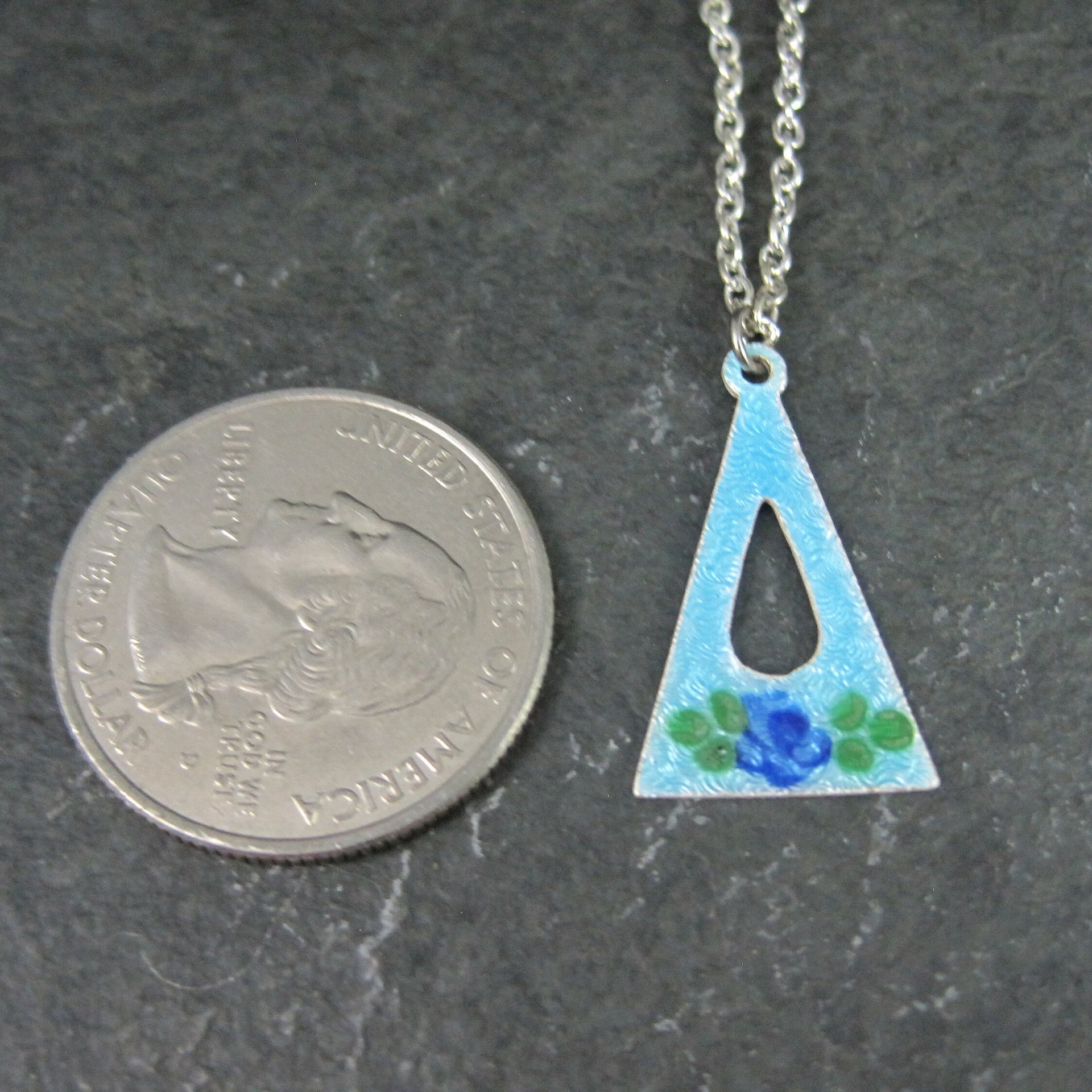 Vintage Blue Rose Guilloche Pendant Necklace New Old Stock