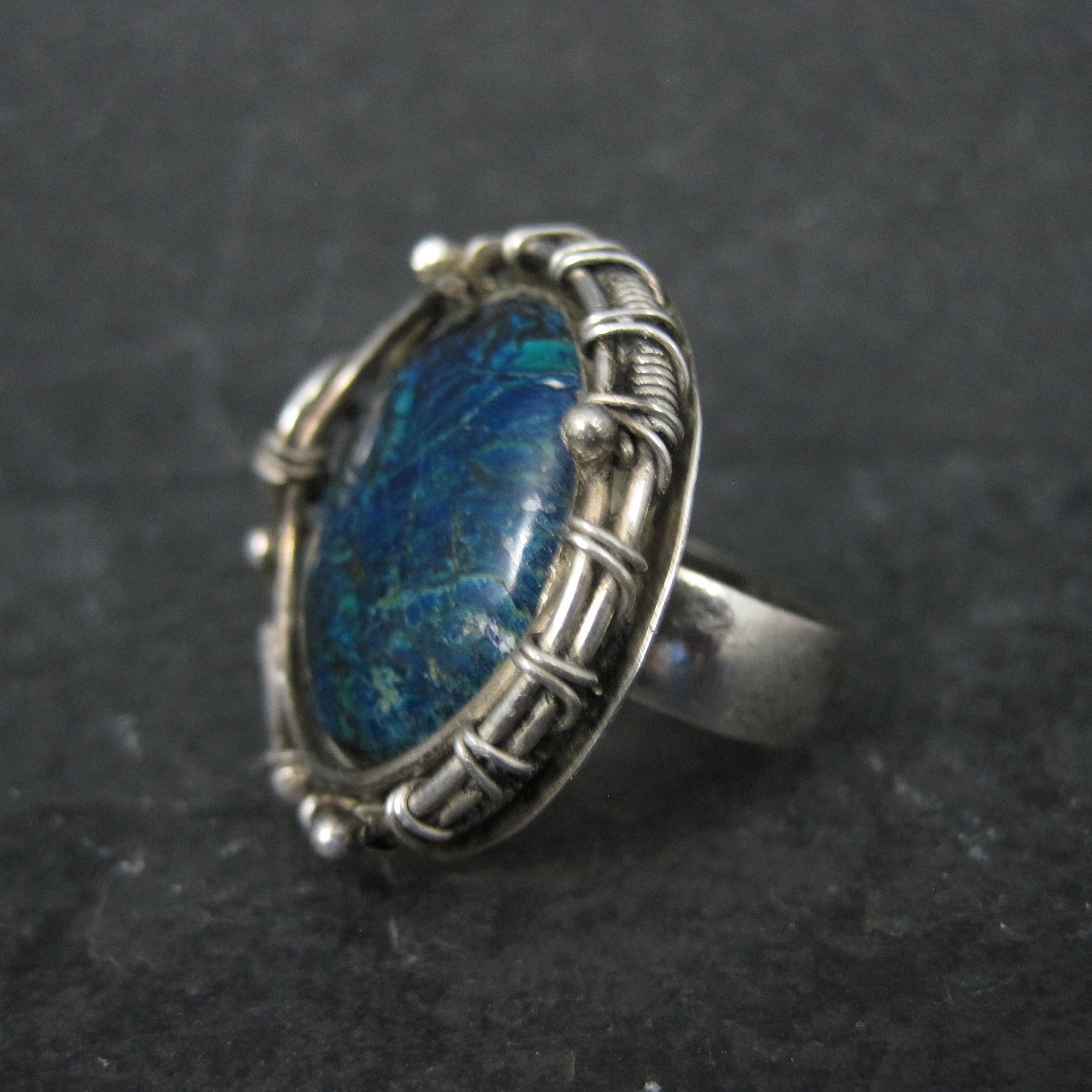 Huge Sterling Chrysocolla Wire Wrapped Ring Size 8