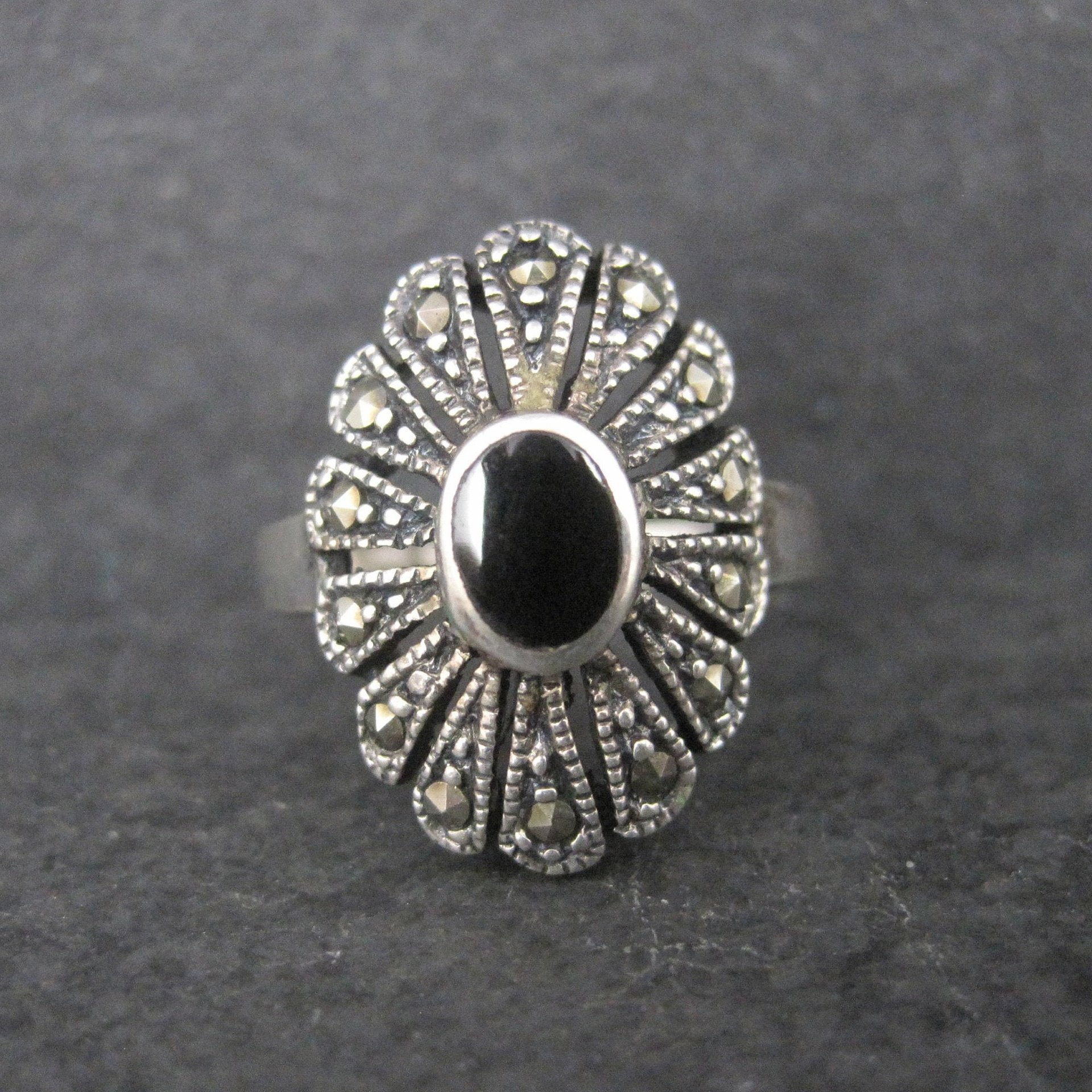 Vintage Sterling Onyx Marcasite Ring Size 7