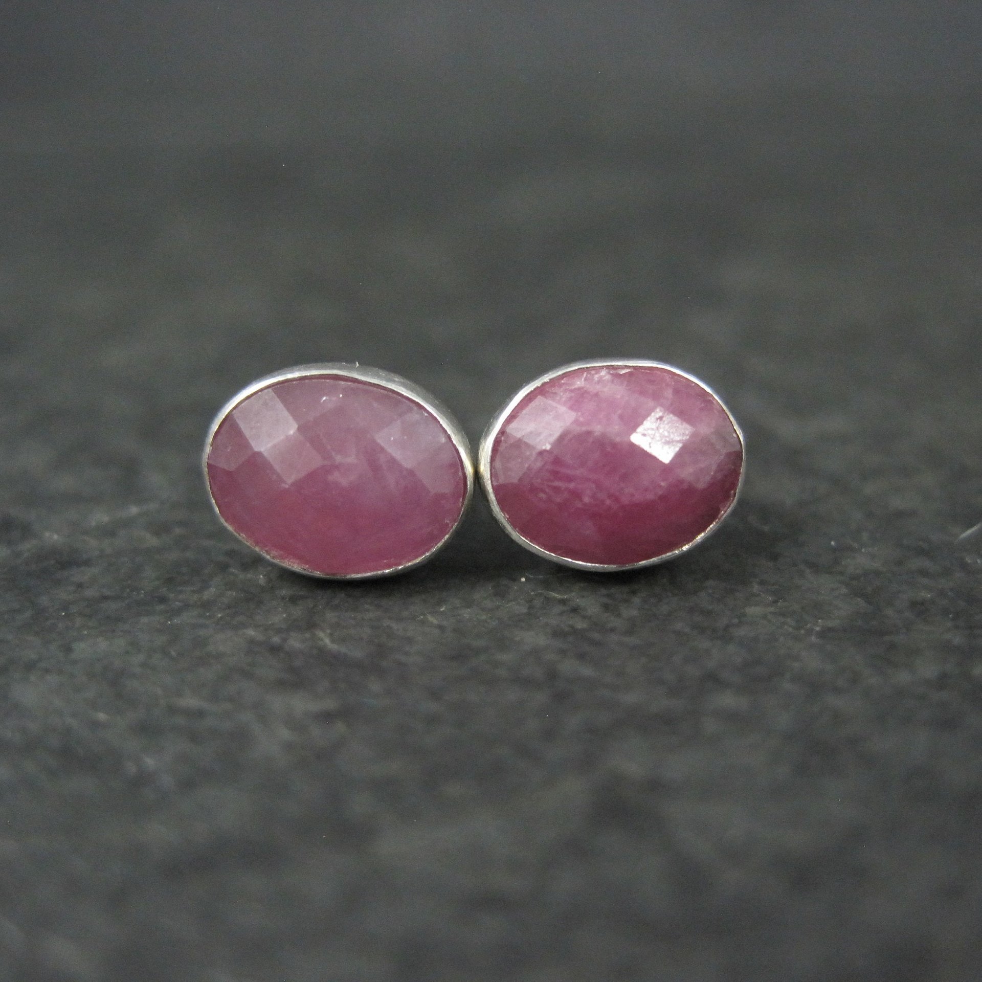 Vintage Sterling Faceted Oval Ruby Stud Earrings