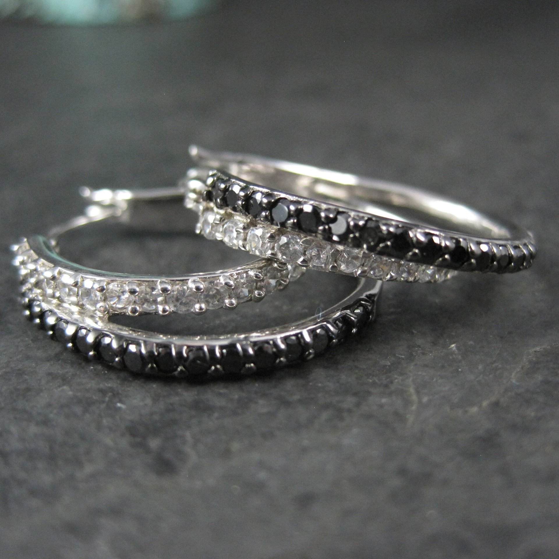 Estate Sterling Black & White Cz Latch Hoop Earrings