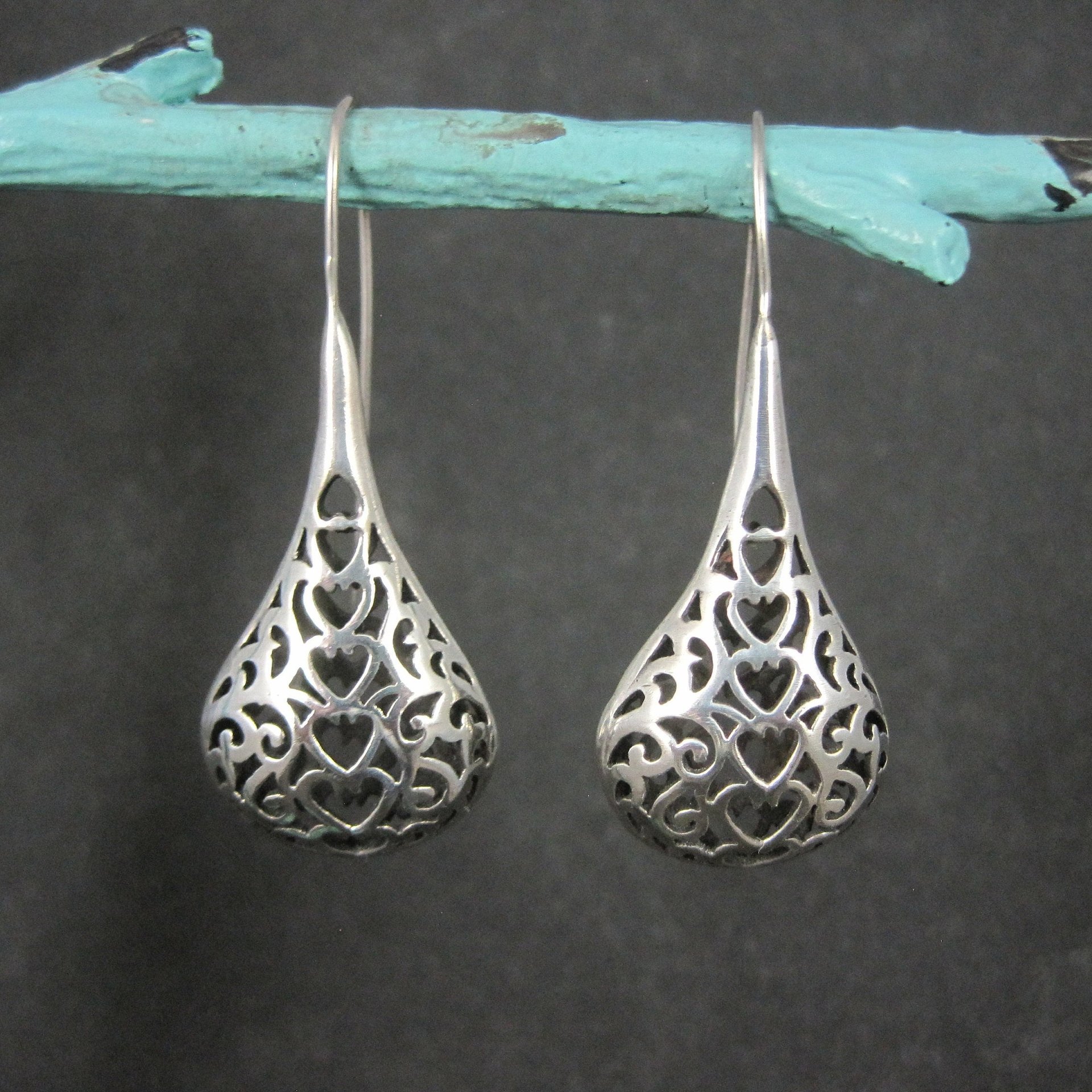 Large Sterling Filigree Heart Drop Earrings