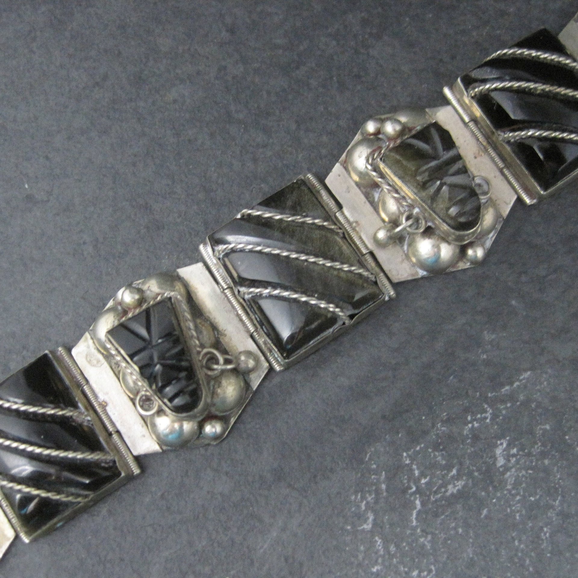 Vintage Mexican Sterling Obsidian Mask Panel Bracelet 7 Inches